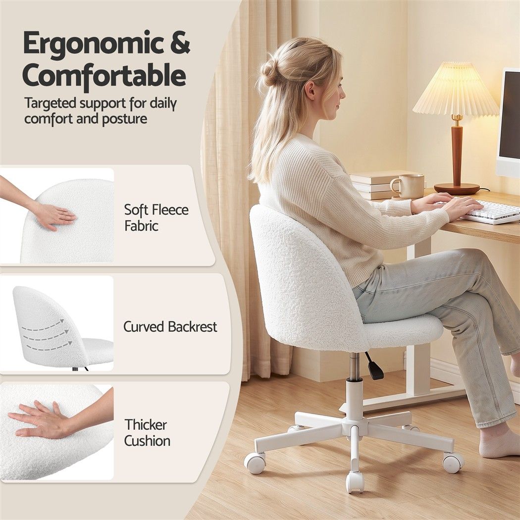Armless Swivel Vanity Desk Office Chair with Wheels Teddy Fleece - White - Furniture > Office > Office & Desk Chairs - Rivercity House & Home Co. (ABN 18 642 972 209) - Affordable Modern Furniture Australia
