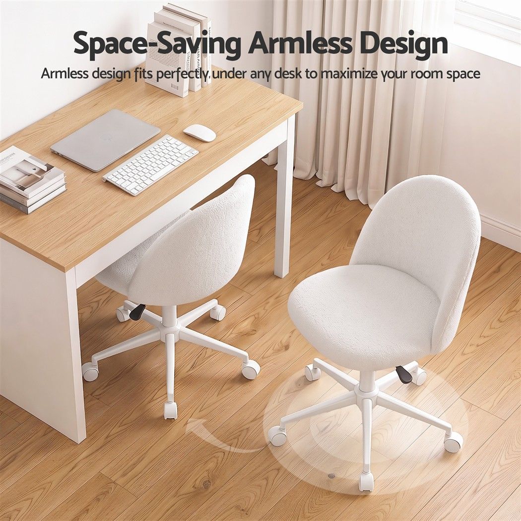 Armless Swivel Vanity Desk Office Chair with Wheels Teddy Fleece - White - Furniture > Office > Office & Desk Chairs - Rivercity House & Home Co. (ABN 18 642 972 209) - Affordable Modern Furniture Australia