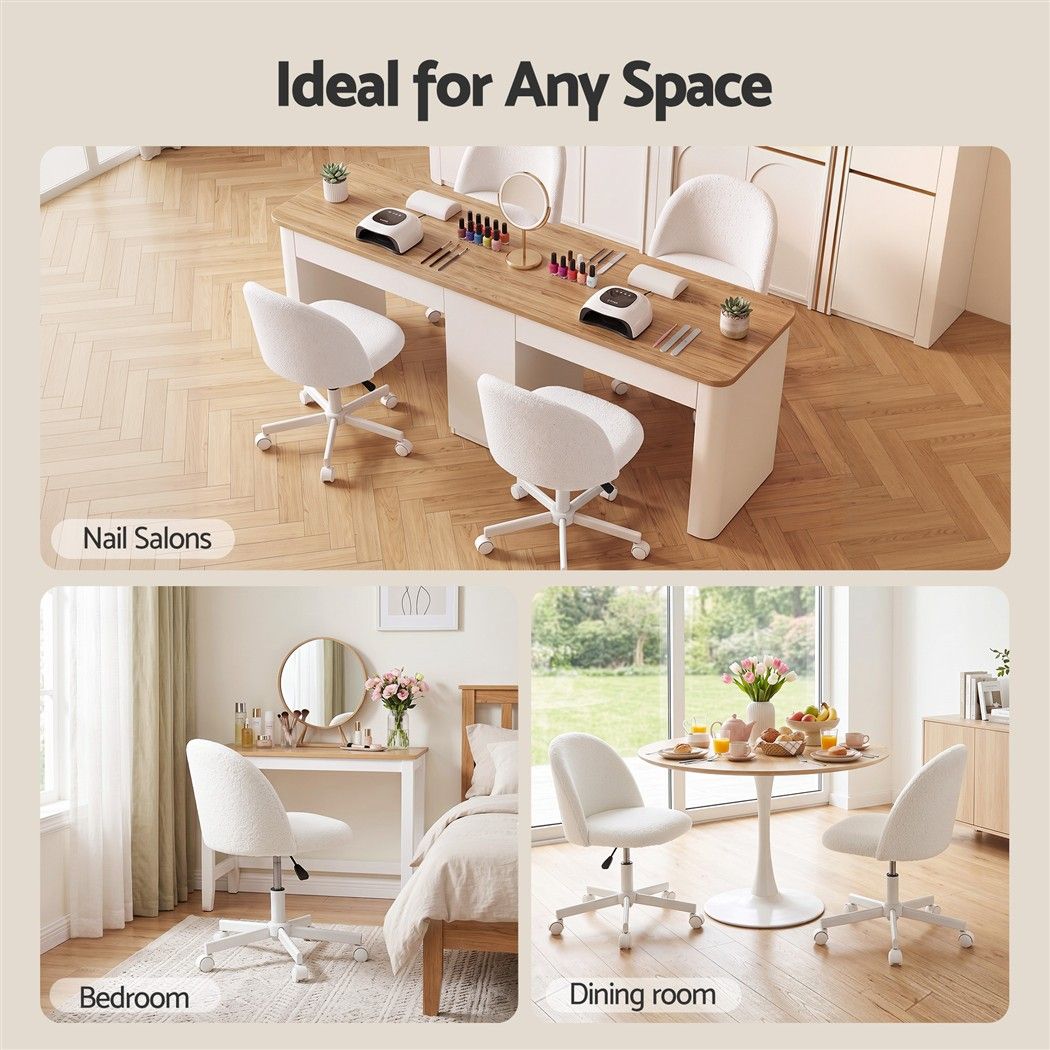 Armless Swivel Vanity Desk Office Chair with Wheels Teddy Fleece - White - Furniture > Office > Office & Desk Chairs - Rivercity House & Home Co. (ABN 18 642 972 209) - Affordable Modern Furniture Australia