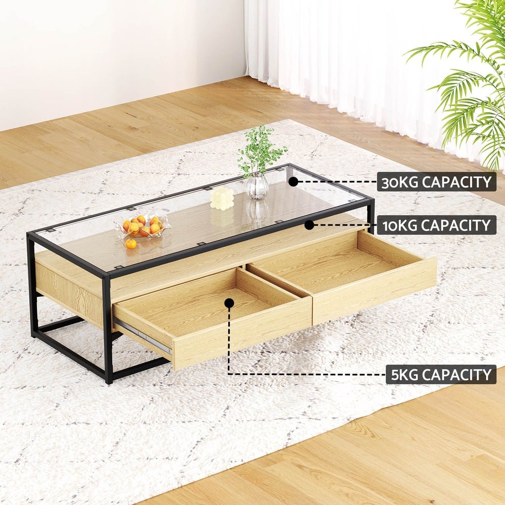 Artiss Coffee Table 2 Drawers Glass Tabletop Pine - Furniture > Living Room - Rivercity House & Home Co. (ABN 18 642 972 209) - Affordable Modern Furniture Australia