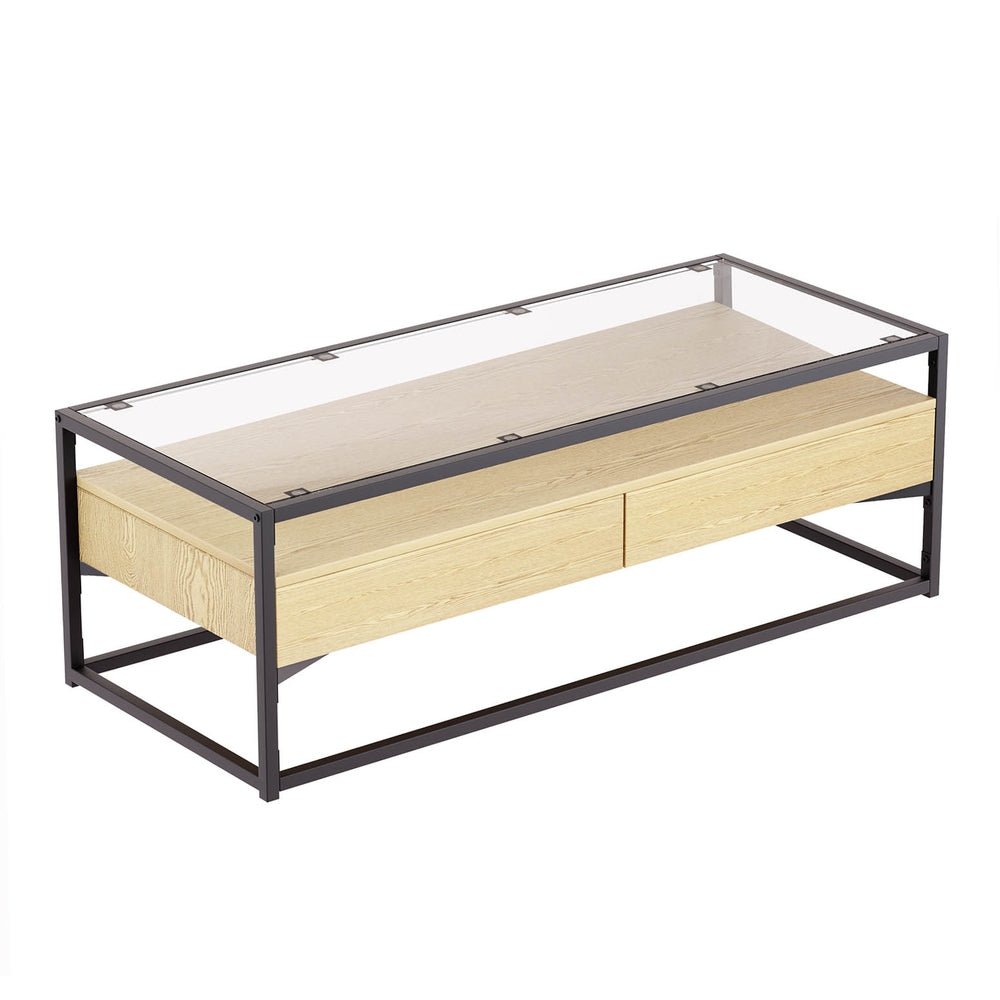 Artiss Coffee Table 2 Drawers Glass Tabletop Pine - Furniture > Living Room - Rivercity House & Home Co. (ABN 18 642 972 209) - Affordable Modern Furniture Australia