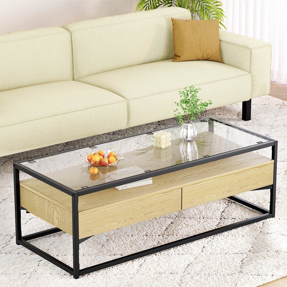 Artiss Coffee Table 2 Drawers Glass Tabletop Pine - Furniture > Living Room - Rivercity House & Home Co. (ABN 18 642 972 209) - Affordable Modern Furniture Australia