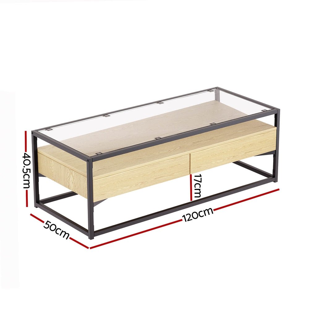 Artiss Coffee Table 2 Drawers Glass Tabletop Pine - Furniture > Living Room - Rivercity House & Home Co. (ABN 18 642 972 209) - Affordable Modern Furniture Australia