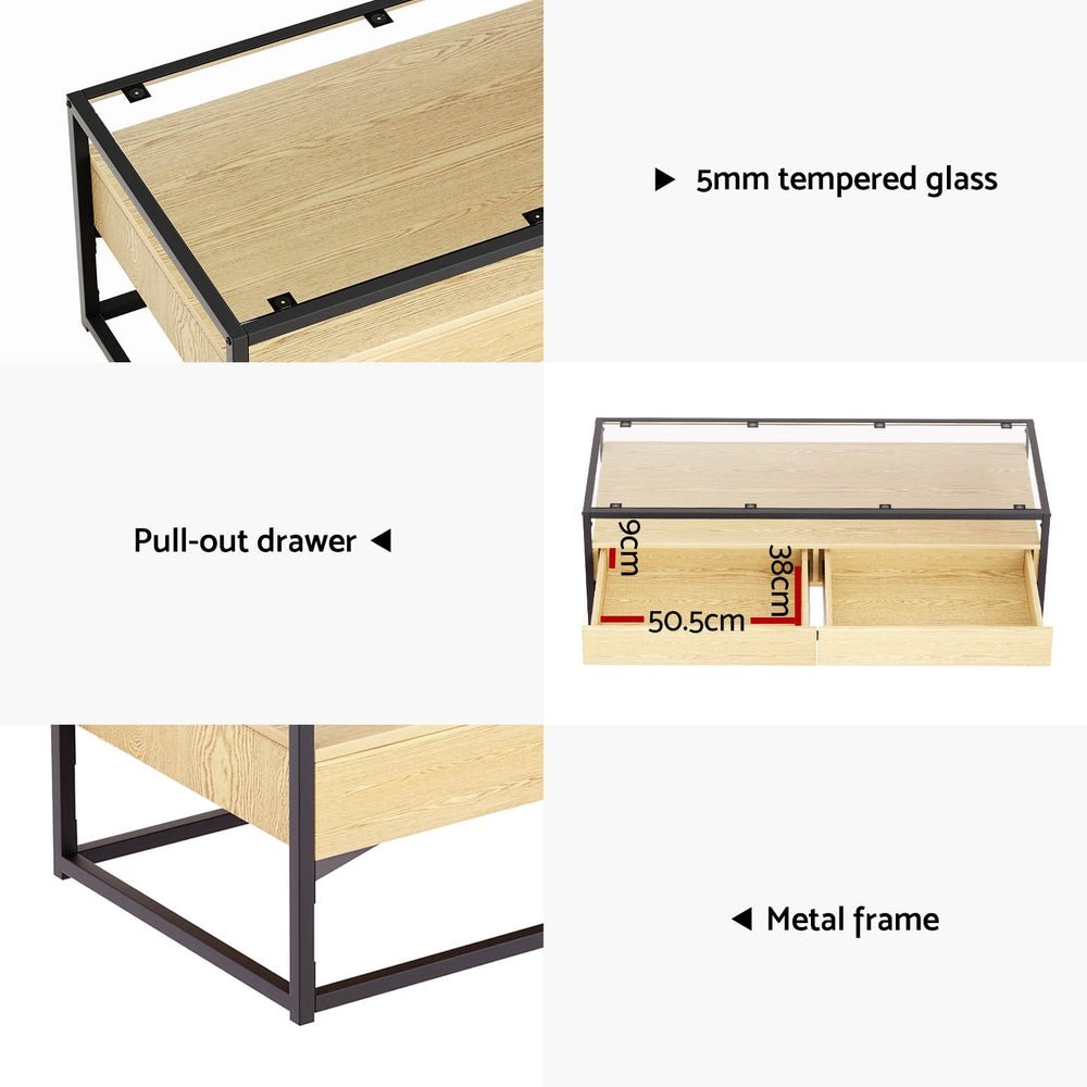 Artiss Coffee Table 2 Drawers Glass Tabletop Pine - Furniture > Living Room - Rivercity House & Home Co. (ABN 18 642 972 209) - Affordable Modern Furniture Australia