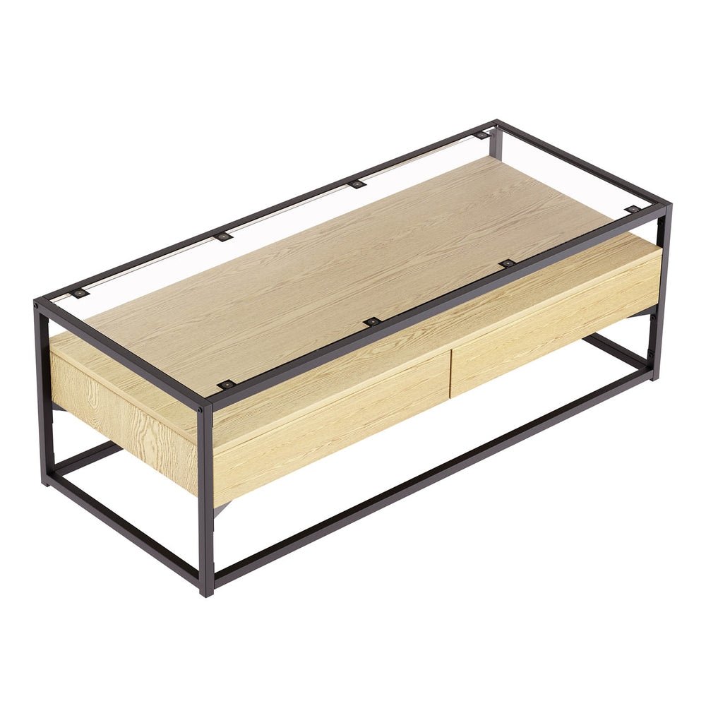 Artiss Coffee Table 2 Drawers Glass Tabletop Pine - Furniture > Living Room - Rivercity House & Home Co. (ABN 18 642 972 209) - Affordable Modern Furniture Australia
