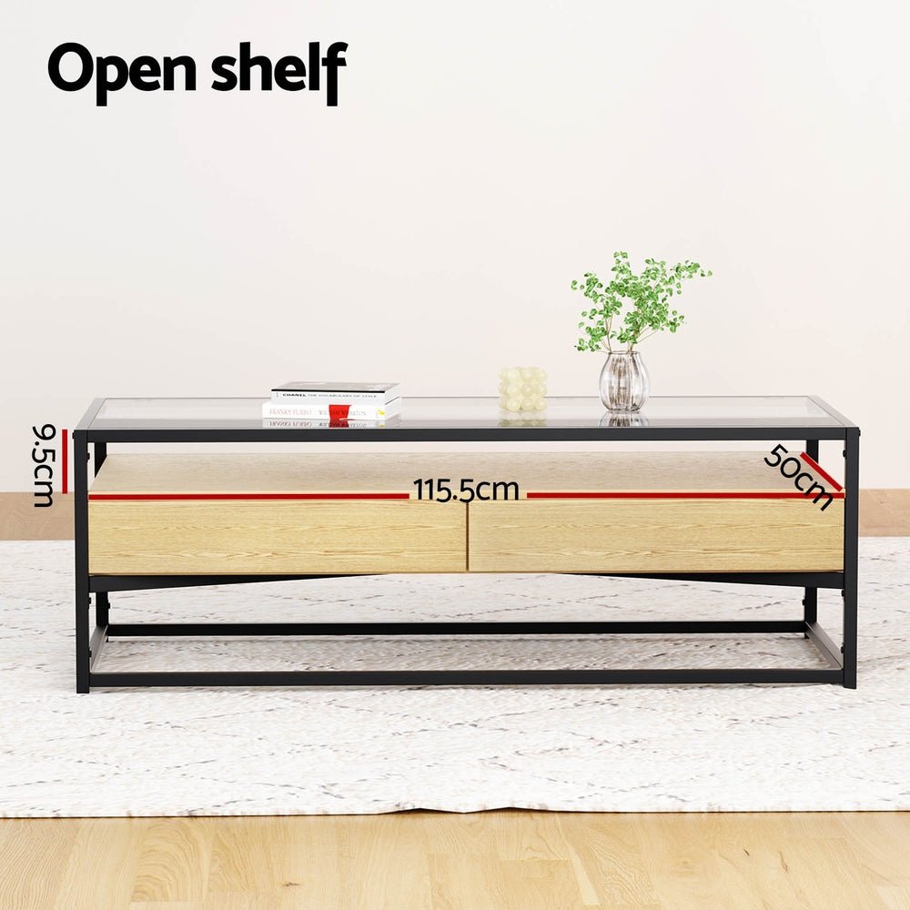 Artiss Coffee Table 2 Drawers Glass Tabletop Pine - Furniture > Living Room - Rivercity House & Home Co. (ABN 18 642 972 209) - Affordable Modern Furniture Australia