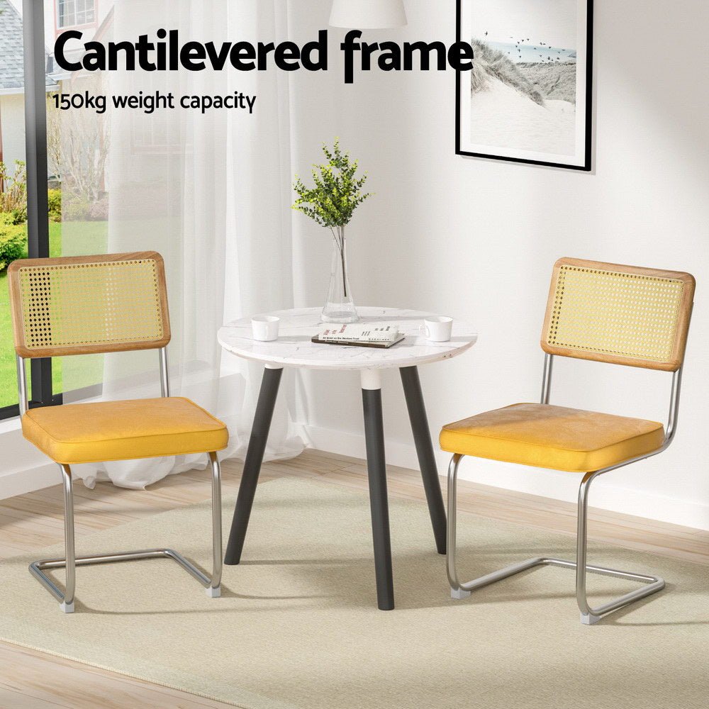 Artiss Dining Chairs Set of 4 Velvet Rattan Cantilever Yellow - Furniture > Dining > Kitchen & Dining Chairs - Rivercity House & Home Co. (ABN 18 642 972 209) - Affordable Modern Furniture Australia