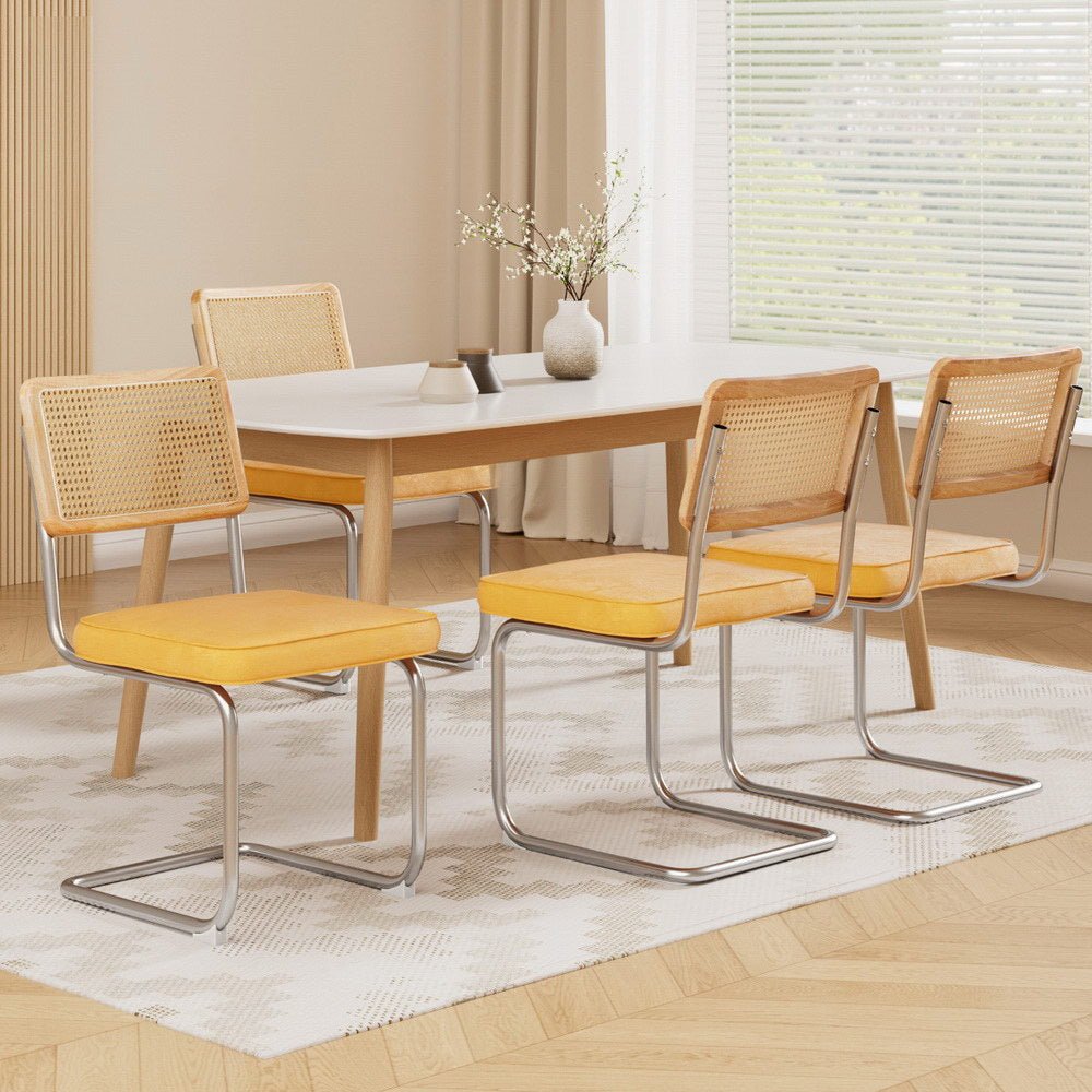 Artiss Dining Chairs Set of 4 Velvet Rattan Cantilever Yellow - Furniture > Dining > Kitchen & Dining Chairs - Rivercity House & Home Co. (ABN 18 642 972 209) - Affordable Modern Furniture Australia