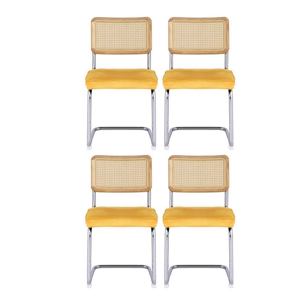Artiss Dining Chairs Set of 4 Velvet Rattan Cantilever Yellow - Furniture > Dining > Kitchen & Dining Chairs - Rivercity House & Home Co. (ABN 18 642 972 209) - Affordable Modern Furniture Australia