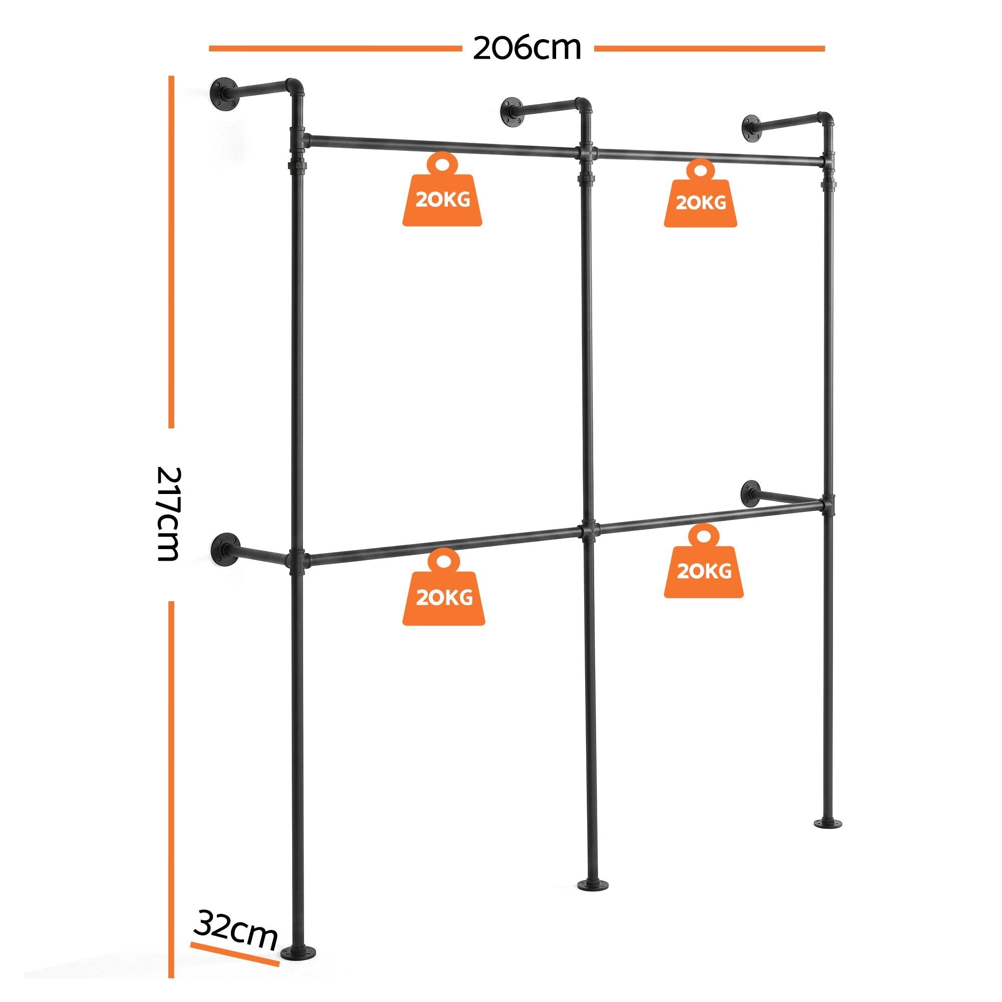 Artiss Industrial Pipe Wall Mounted Clothing Rack 206cm - Black - Furniture > Living Room > Coat Racks - Rivercity House & Home Co. (ABN 18 642 972 209) - Affordable Modern Furniture Australia