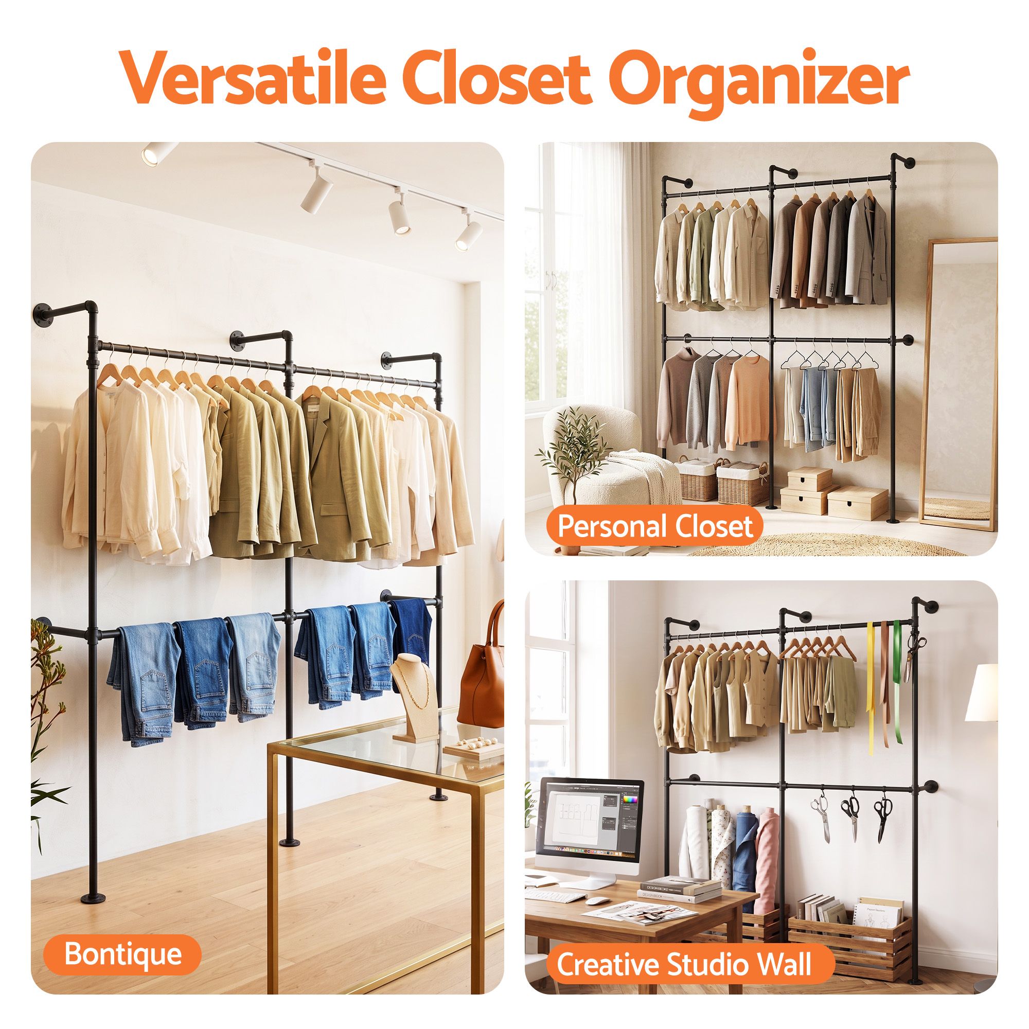 Artiss Industrial Pipe Wall Mounted Clothing Rack 206cm - Black - Furniture > Living Room > Coat Racks - Rivercity House & Home Co. (ABN 18 642 972 209) - Affordable Modern Furniture Australia