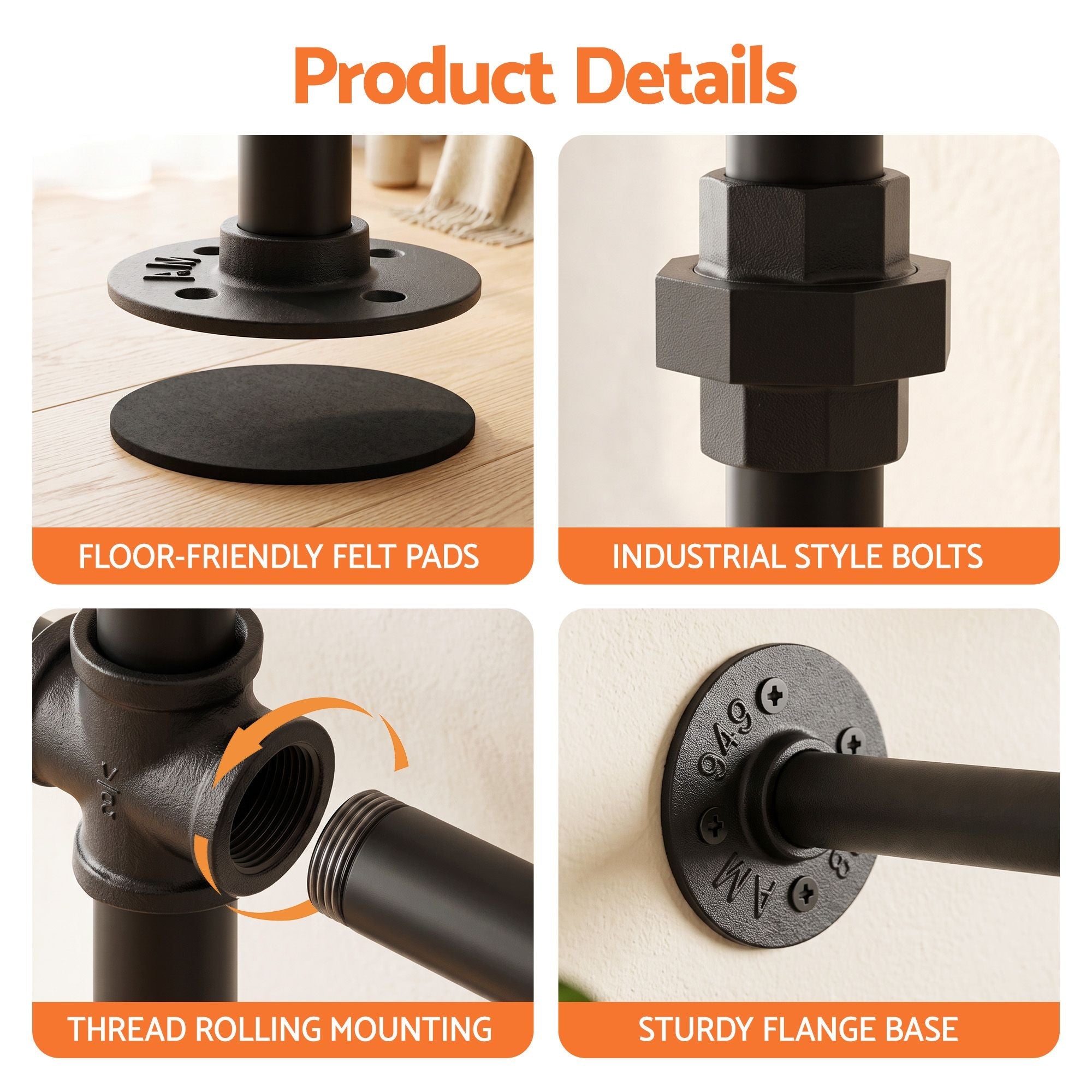 Artiss Industrial Pipe Wall Mounted Clothing Rack 206cm - Black - Furniture > Living Room > Coat Racks - Rivercity House & Home Co. (ABN 18 642 972 209) - Affordable Modern Furniture Australia