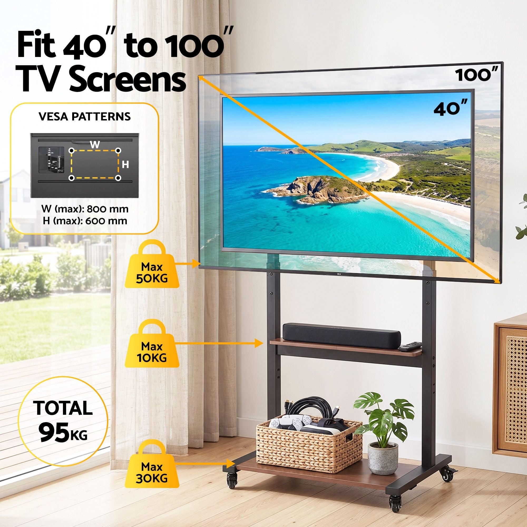 Artiss Mobile TV Stand for 40-100 Inch TVs with Adjustable Shelves and Lockable Wheels - Black & Walnut - Appliances > TV > TVs & Accessories - Rivercity House & Home Co. (ABN 18 642 972 209) - Affordable Modern Furniture Australia