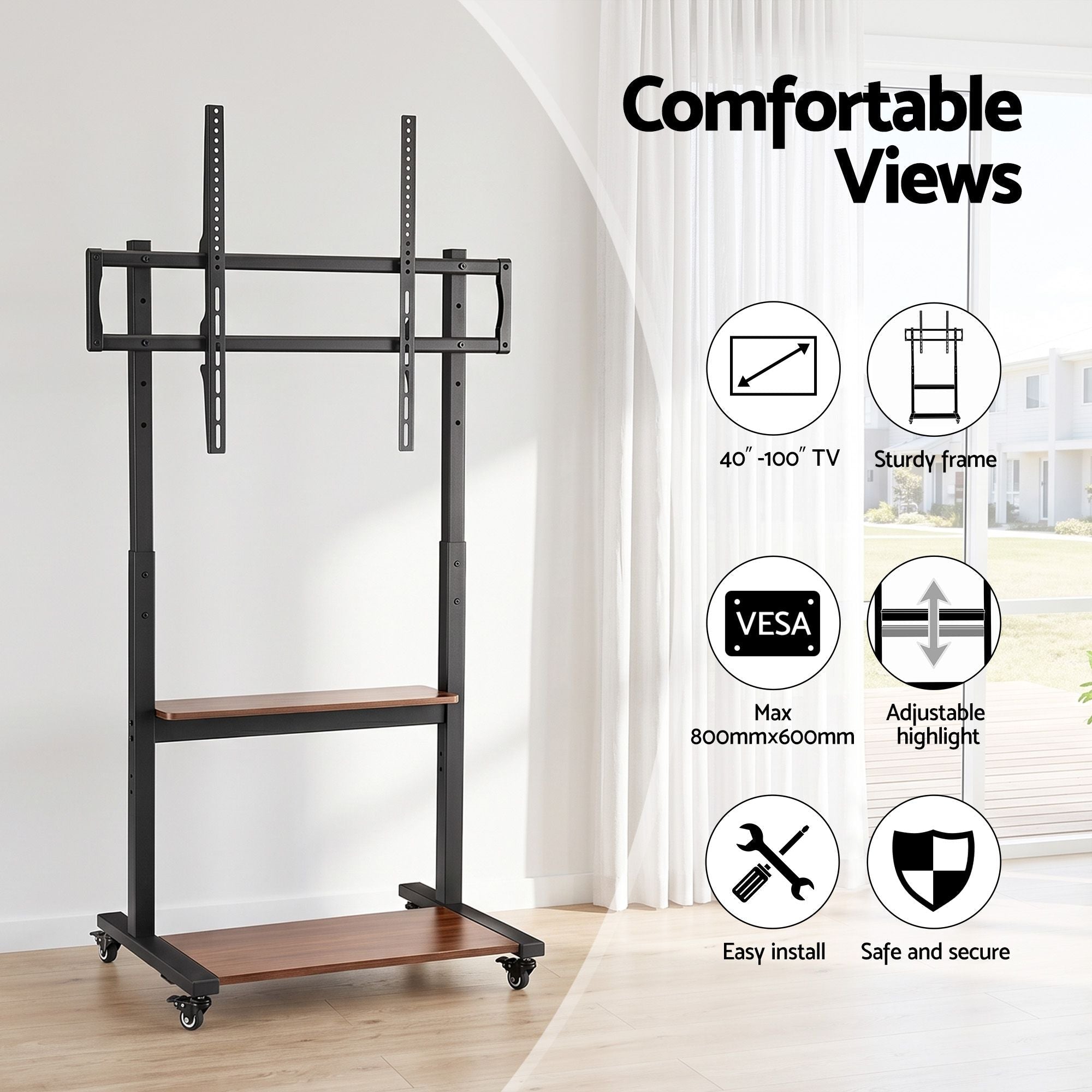 Artiss Mobile TV Stand for 40-100 Inch TVs with Adjustable Shelves and Lockable Wheels - Black & Walnut - Appliances > TV > TVs & Accessories - Rivercity House & Home Co. (ABN 18 642 972 209) - Affordable Modern Furniture Australia