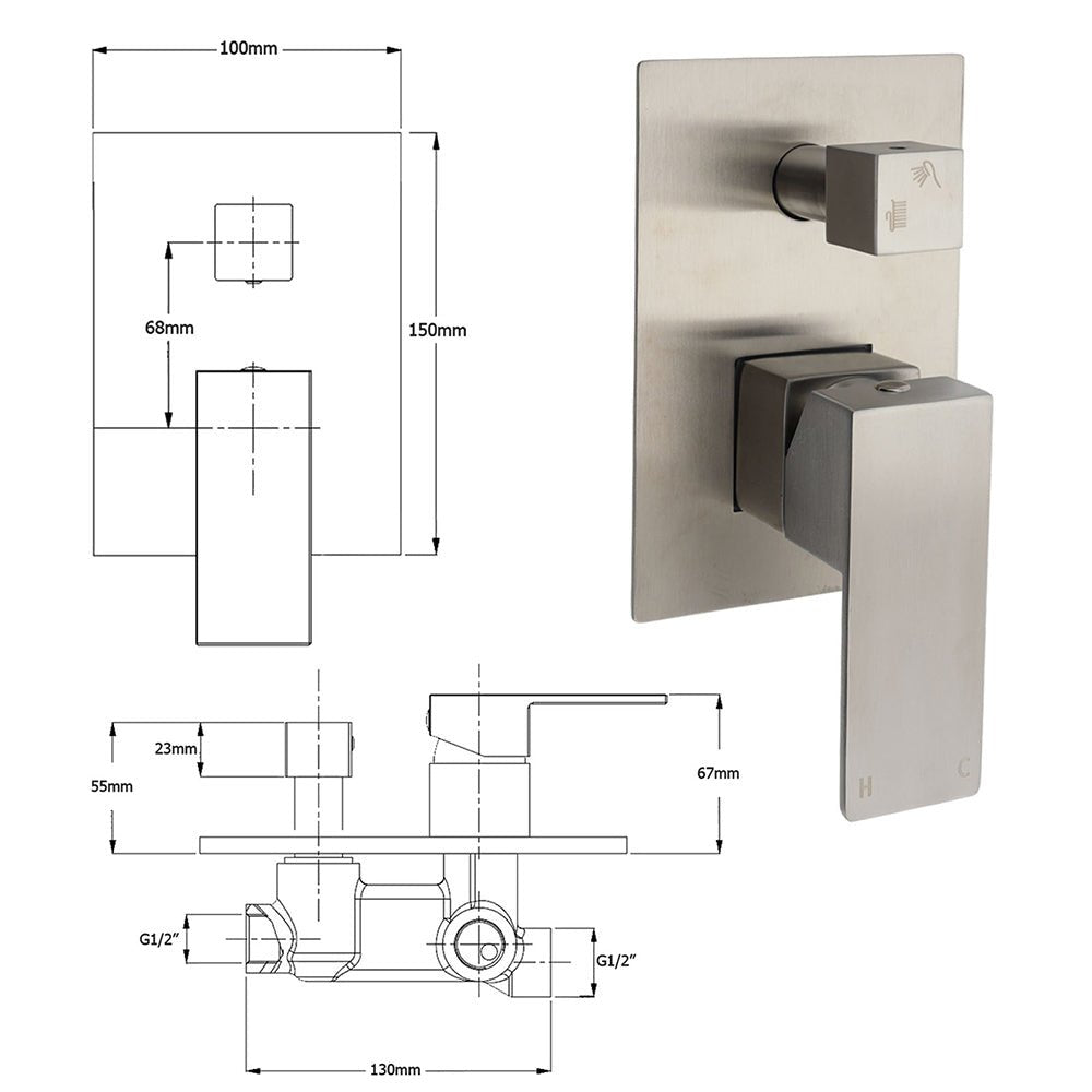 AU Standard 1/2 Inch Shower Mixer Diverter Brushed Nickel Square 2 Way Switch - Furniture > Bathroom > Shower Heads & Screens - Rivercity House & Home Co. (ABN 18 642 972 209) - Affordable Modern Furniture Australia