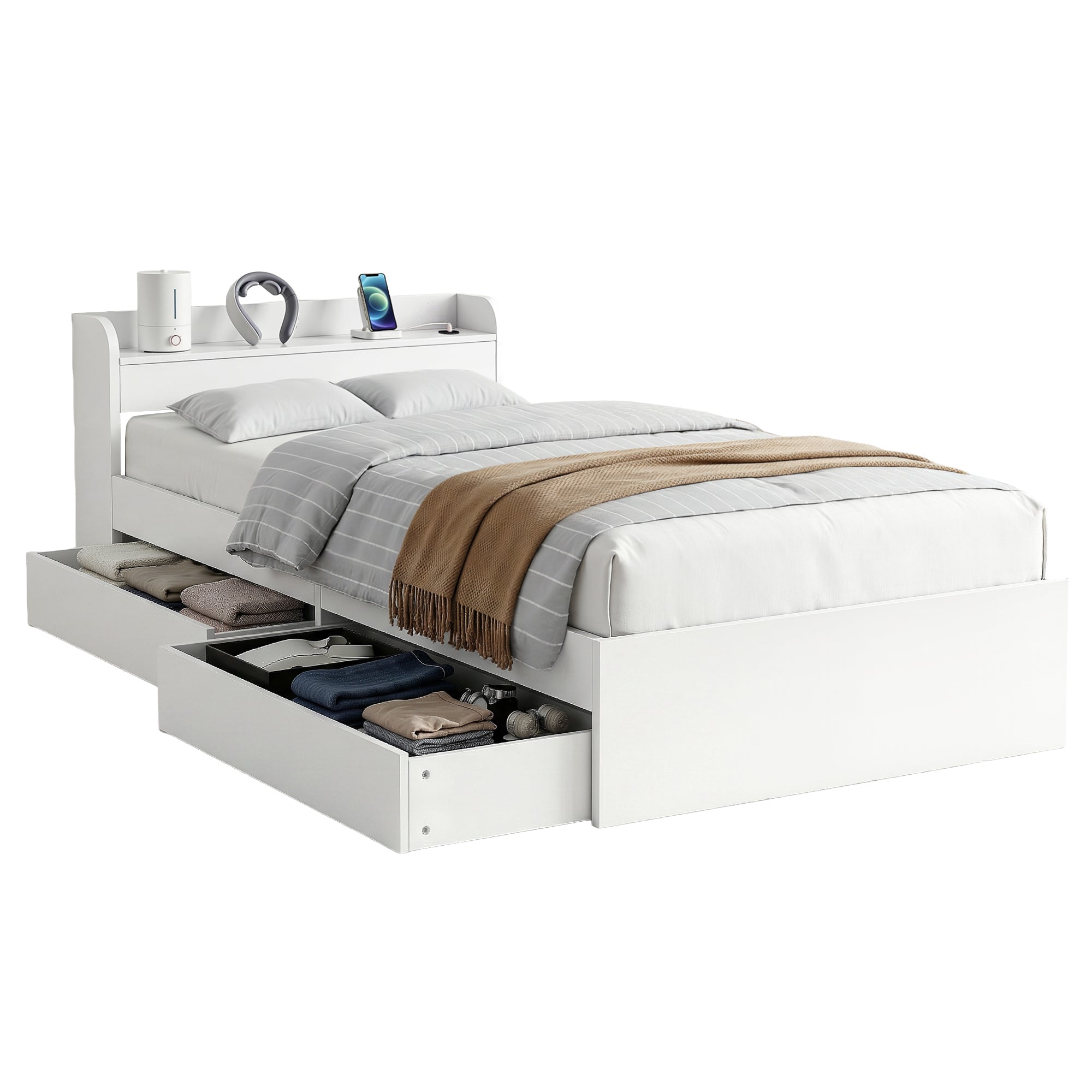 Aura Single Bed Frame with Charging Ports & 2 Drawers - White - Furniture > Bedroom > Beds & Bed Frames - Rivercity House & Home Co. (ABN 18 642 972 209) - Affordable Modern Furniture Australia