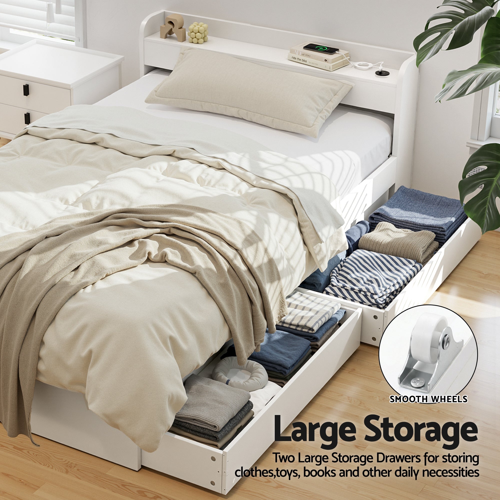 Aura Single Bed Frame with Charging Ports & 2 Drawers - White - Furniture > Bedroom > Beds & Bed Frames - Rivercity House & Home Co. (ABN 18 642 972 209) - Affordable Modern Furniture Australia