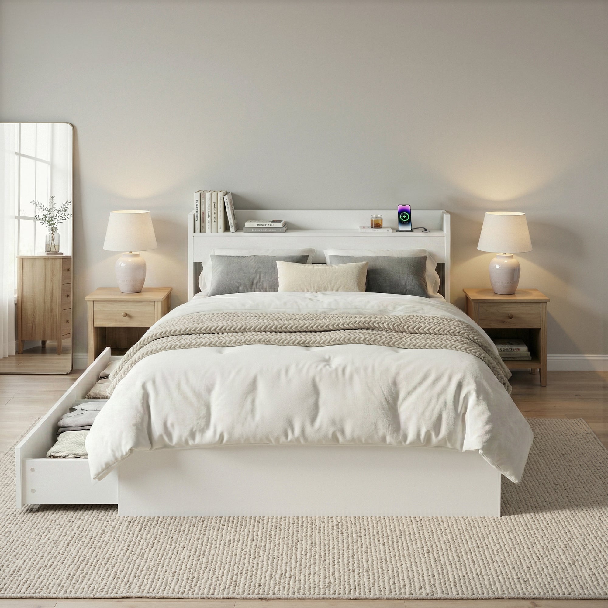 Aura Single Bed Frame with Charging Ports & 2 Drawers - White - Furniture > Bedroom > Beds & Bed Frames - Rivercity House & Home Co. (ABN 18 642 972 209) - Affordable Modern Furniture Australia