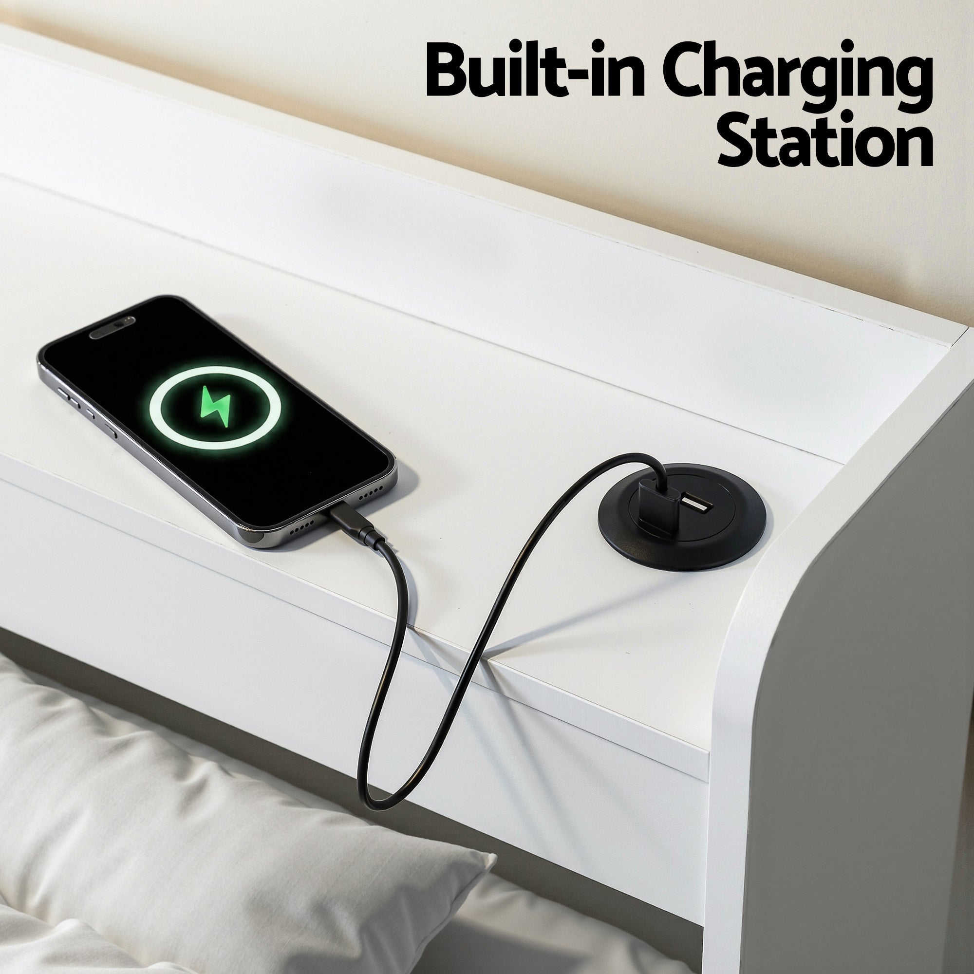 Aura Single Bed Frame with Charging Ports & 2 Drawers - White - Furniture > Bedroom > Beds & Bed Frames - Rivercity House & Home Co. (ABN 18 642 972 209) - Affordable Modern Furniture Australia