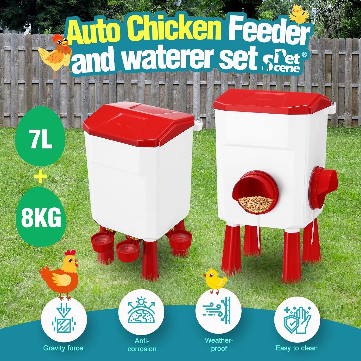Automatic Chicken Feeder and Waterer Set 8KG Food 7L Water Capacity for Coop Chickens Ducks Quails - Red - Pet Care > Cat Supplies > Cat Bowls, Feeders & Waterers - Rivercity House & Home Co. (ABN 18 642 972 209) - Affordable Modern Furniture Australia