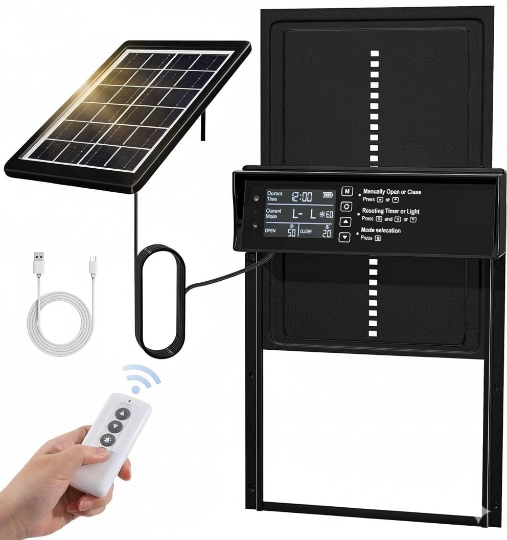 Automatic Solar Powered Chicken Coop Door with 4 Mode Timer, Light Sensor, Anti - Pinch & USB Charging Port - Black - Pet Care > Coops & Hutches > Coop & Hutch Accessories - Rivercity House & Home Co. (ABN 18 642 972 209) - Affordable Modern Furniture Australia