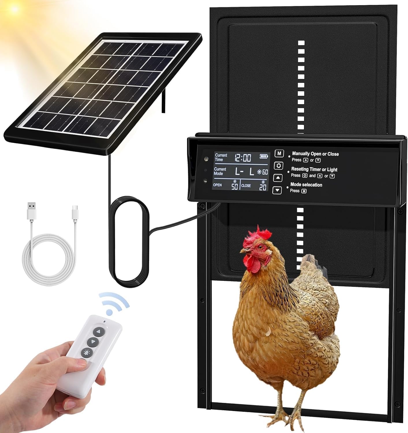 Automatic Solar Powered Chicken Coop Door with 4 Mode Timer, Light Sensor, Anti - Pinch & USB Charging Port - Black - Pet Care > Coops & Hutches > Coop & Hutch Accessories - Rivercity House & Home Co. (ABN 18 642 972 209) - Affordable Modern Furniture Australia