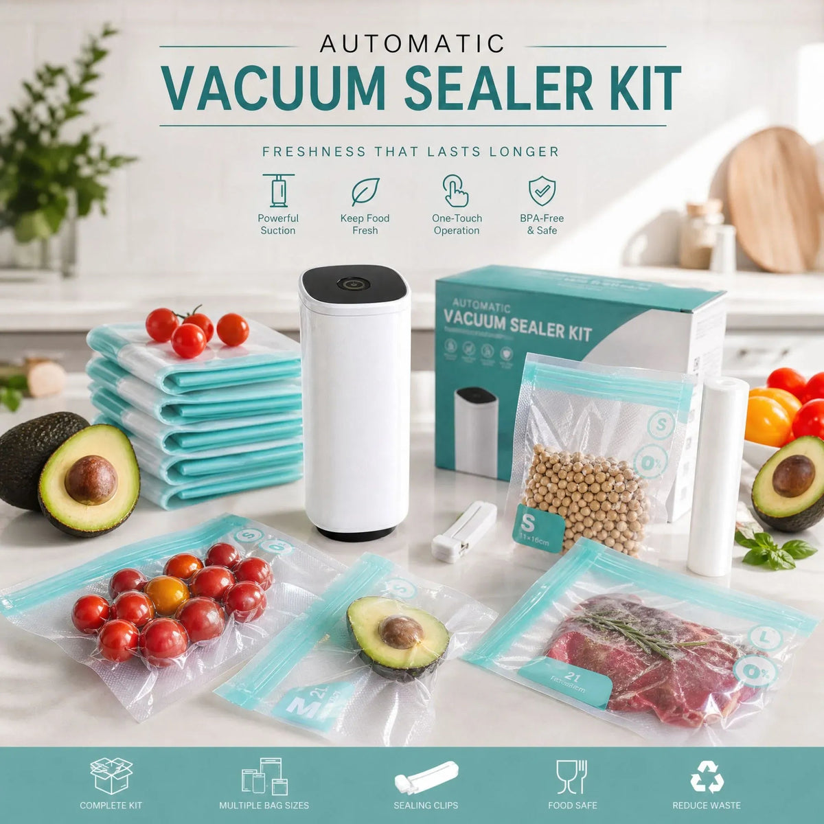 Automatic Vacuum Sealer Kit with 10 Reusable Bags - White - Home & Garden > Kitchenware > Kitchen Knives - Rivercity House & Home Co. (ABN 18 642 972 209) - Affordable Modern Furniture Australia