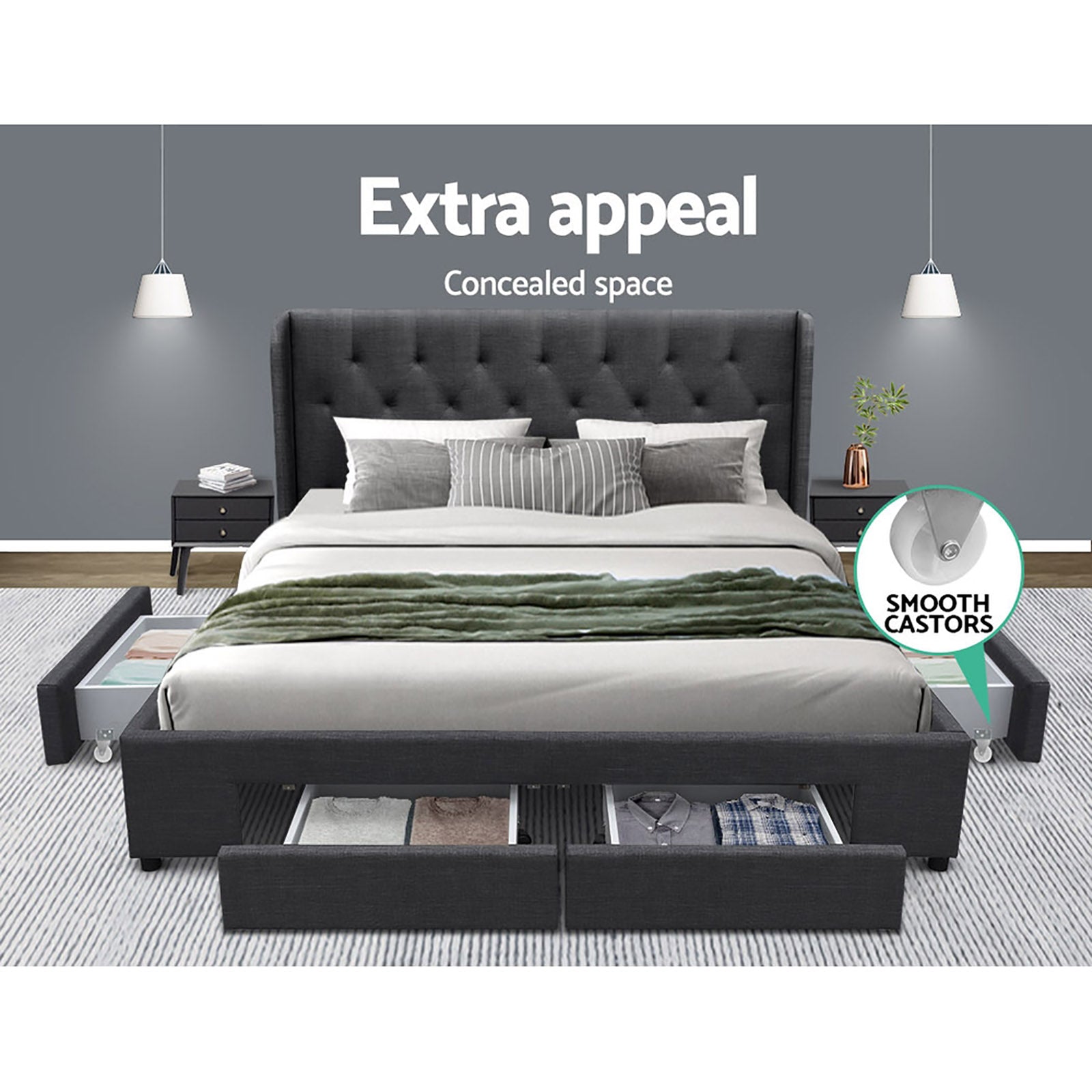 Avalon King Bed Frame with Drawers Charcoal - Rivercity House & Home Co. (ABN 18 642 972 209) - Affordable Modern Furniture Australia