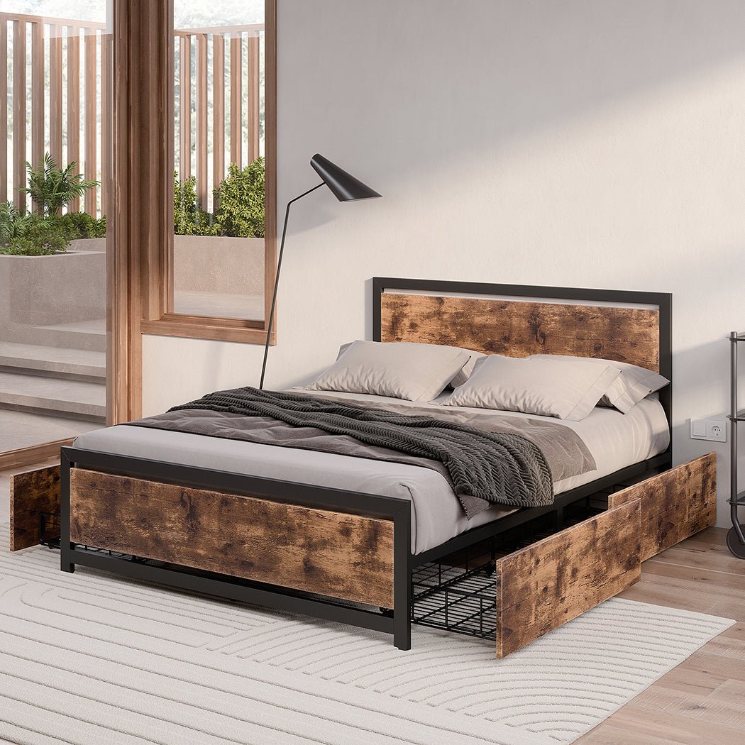 Axel Industrial Queen Bed Frame with Storage Drawers – Brown - Rivercity House & Home Co. (ABN 18 642 972 209) - Affordable Modern Furniture Australia