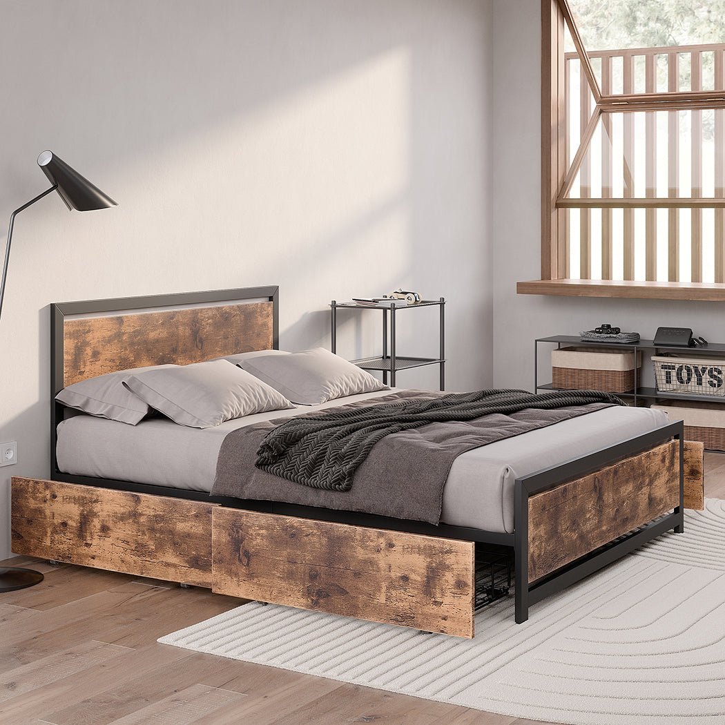 Axel Industrial Queen Bed Frame with Storage Drawers – Brown - Rivercity House & Home Co. (ABN 18 642 972 209) - Affordable Modern Furniture Australia