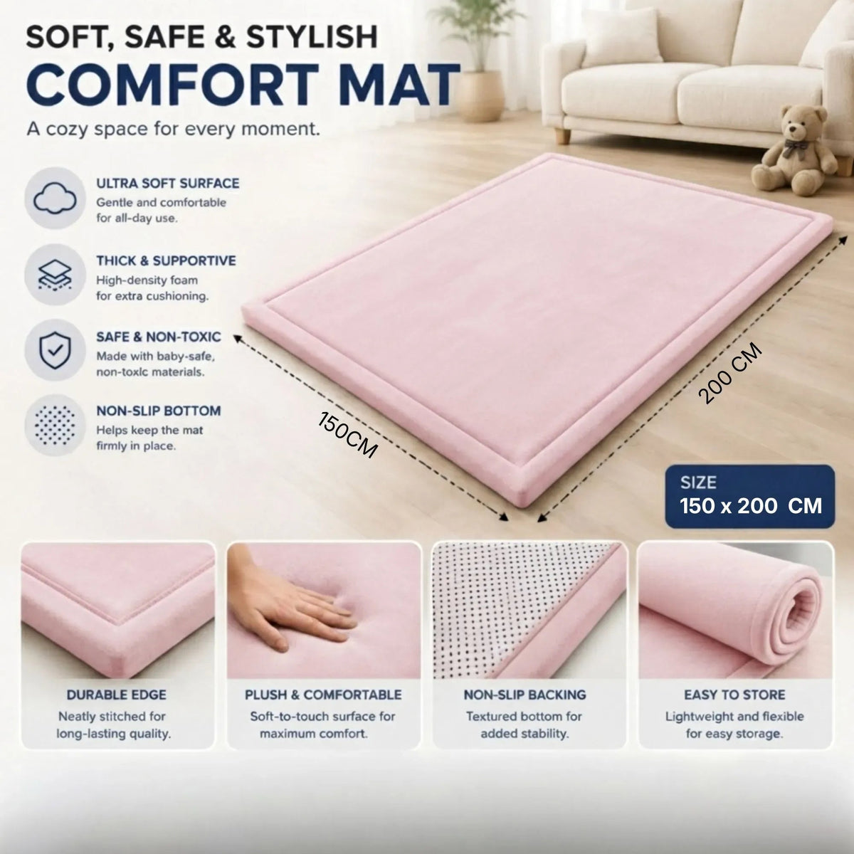 Baby Play Mat 150x200cm Thick Foam Crawling Mat - Pink - Baby & Kids > Baby & Kid's Toys > Activity Toys - Rivercity House & Home Co. (ABN 18 642 972 209) - Affordable Modern Furniture Australia