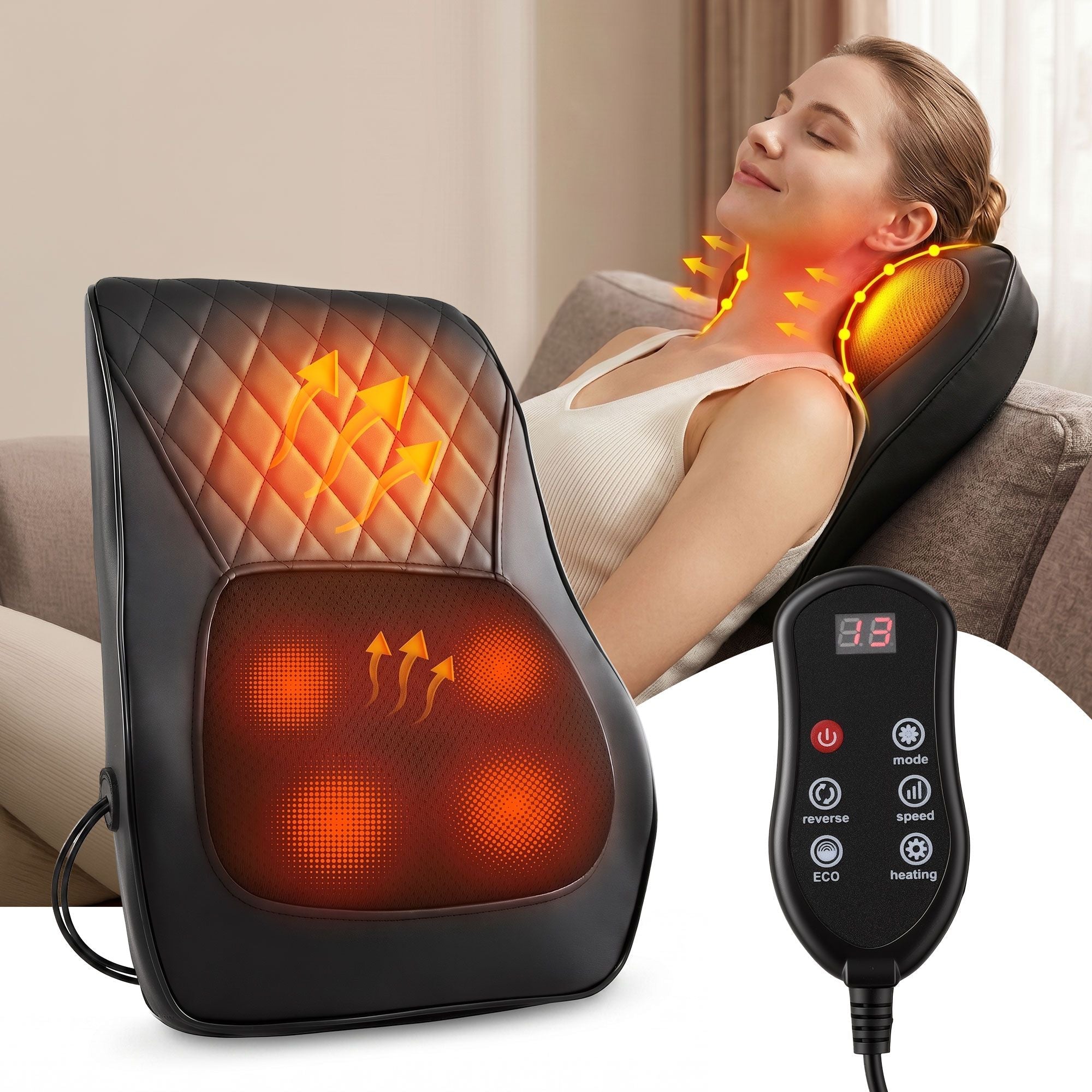 Back Massager with Heat and Traction, Neck and Shoulder Massage Pillow, Ergonomic Backrest for Office Chair & Sofa, Lumbar Support Cushion with 2 - Level Thermal Relief, 6 Modes for Cervical & Full Body Pain Relief, Large - Health & Beauty > Massage & Relaxation > Massagers - Rivercity House & Home Co. (ABN 18 642 972 209) - Affordable Modern Furniture Australia