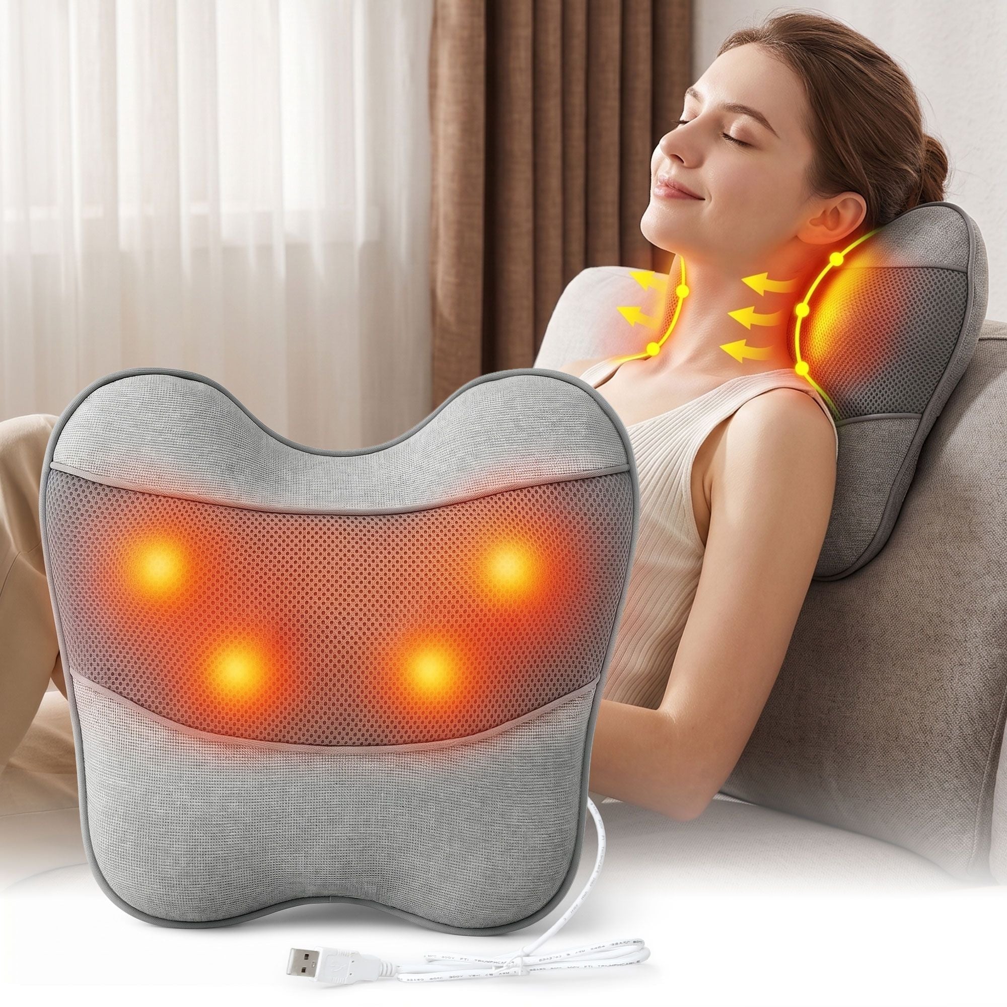 Back Massager with Heat, USB Neck and Shoulder Massage Pillow, 3 - Speed Ergonomic Lumbar Support Cushion for Office Chair, Portable Muscle Relief for Back, Thigh & Calf, Grey - Health & Beauty > Massage & Relaxation > Massagers - Rivercity House & Home Co. (ABN 18 642 972 209) - Affordable Modern Furniture Australia