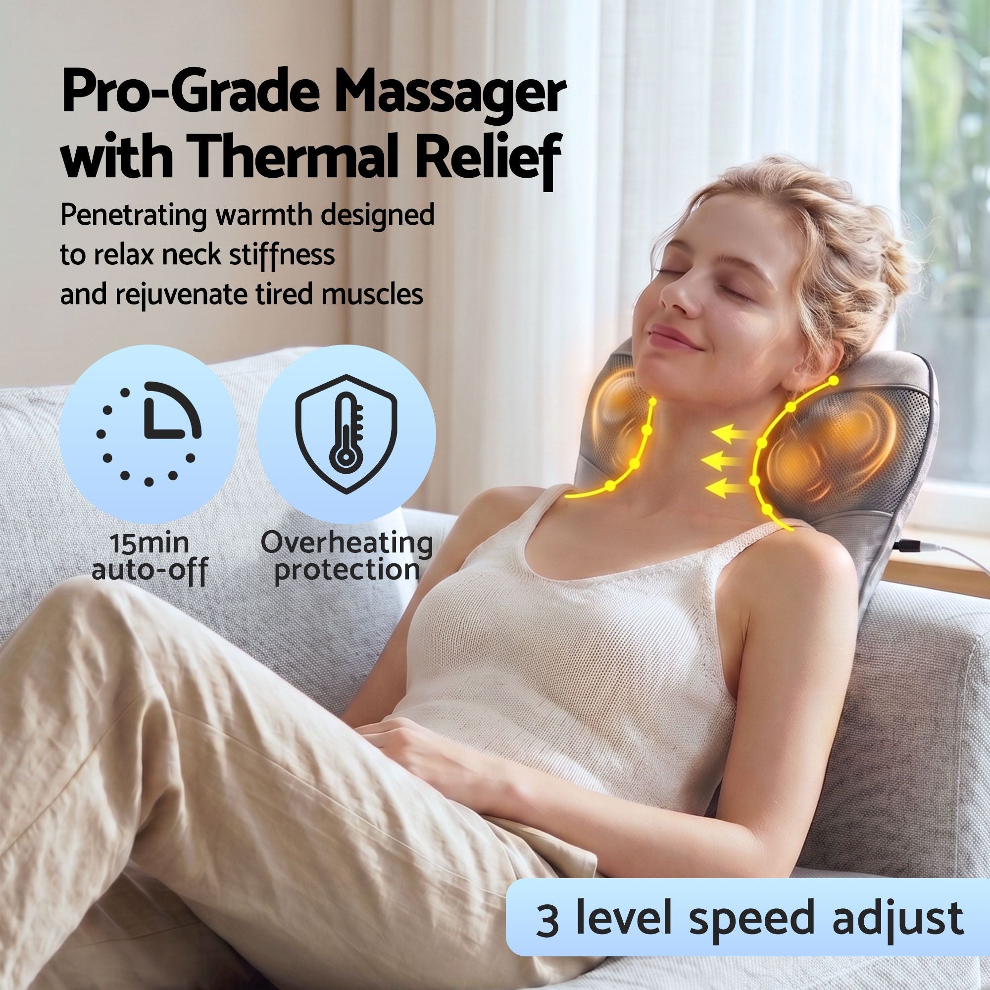 Back Massager with Heat, USB Neck and Shoulder Massage Pillow, 3 - Speed Ergonomic Lumbar Support Cushion for Office Chair, Portable Muscle Relief for Back, Thigh & Calf, Grey - Health & Beauty > Massage & Relaxation > Massagers - Rivercity House & Home Co. (ABN 18 642 972 209) - Affordable Modern Furniture Australia