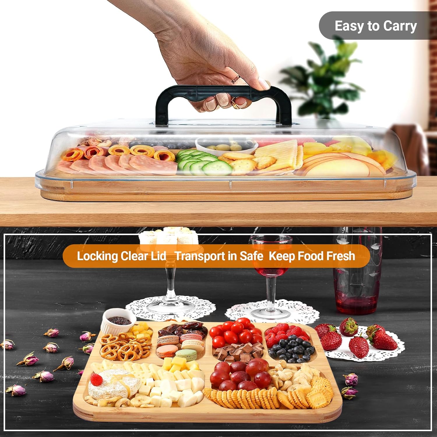 Bamboo Charcuterie Board with Lid & Handle ideal Gift for Kitchen, Party & Picnic (6 Compartments) - Home & Garden > Kitchenware > Bakeware & Accessories - Rivercity House & Home Co. (ABN 18 642 972 209) - Affordable Modern Furniture Australia