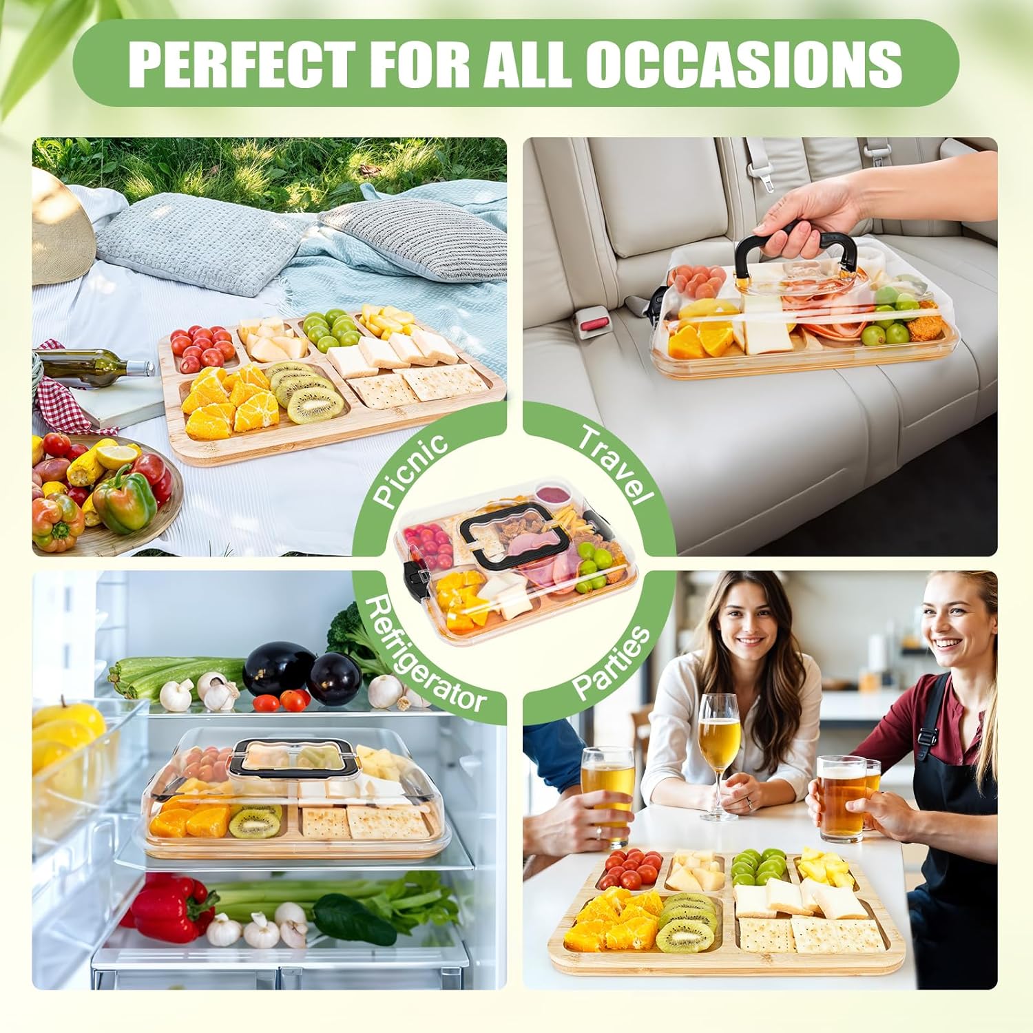 Bamboo Charcuterie Board with Lid & Handle ideal Gift for Kitchen, Party & Picnic (6 Compartments) - Home & Garden > Kitchenware > Bakeware & Accessories - Rivercity House & Home Co. (ABN 18 642 972 209) - Affordable Modern Furniture Australia