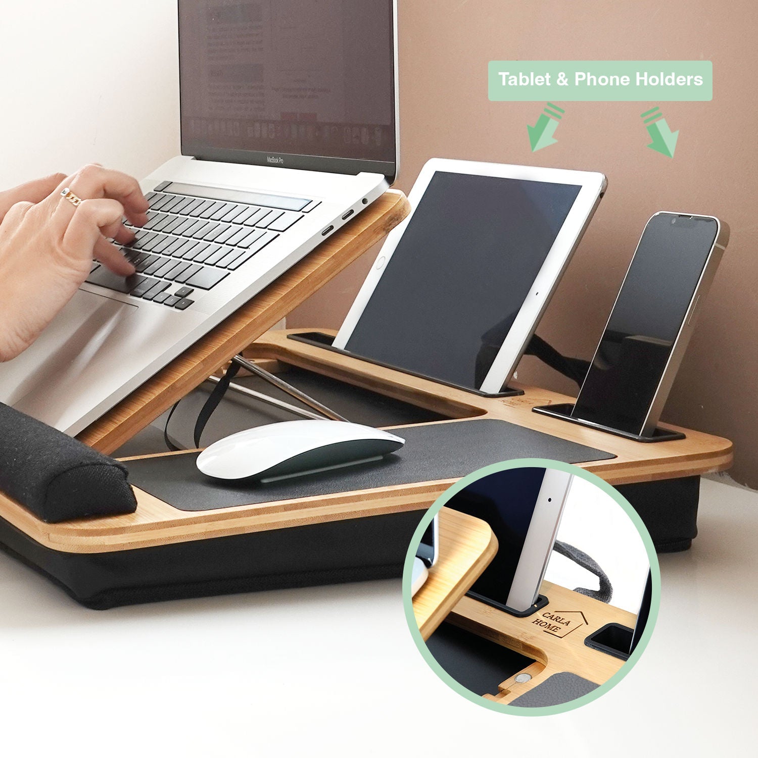 Bamboo Laptop Lap Desk with Cushion, Angle Adjustable and Sleeve Case Bag for Office and Home - Electronics > Computer Accessories > Laptop Stands - Rivercity House & Home Co. (ABN 18 642 972 209) - Affordable Modern Furniture Australia