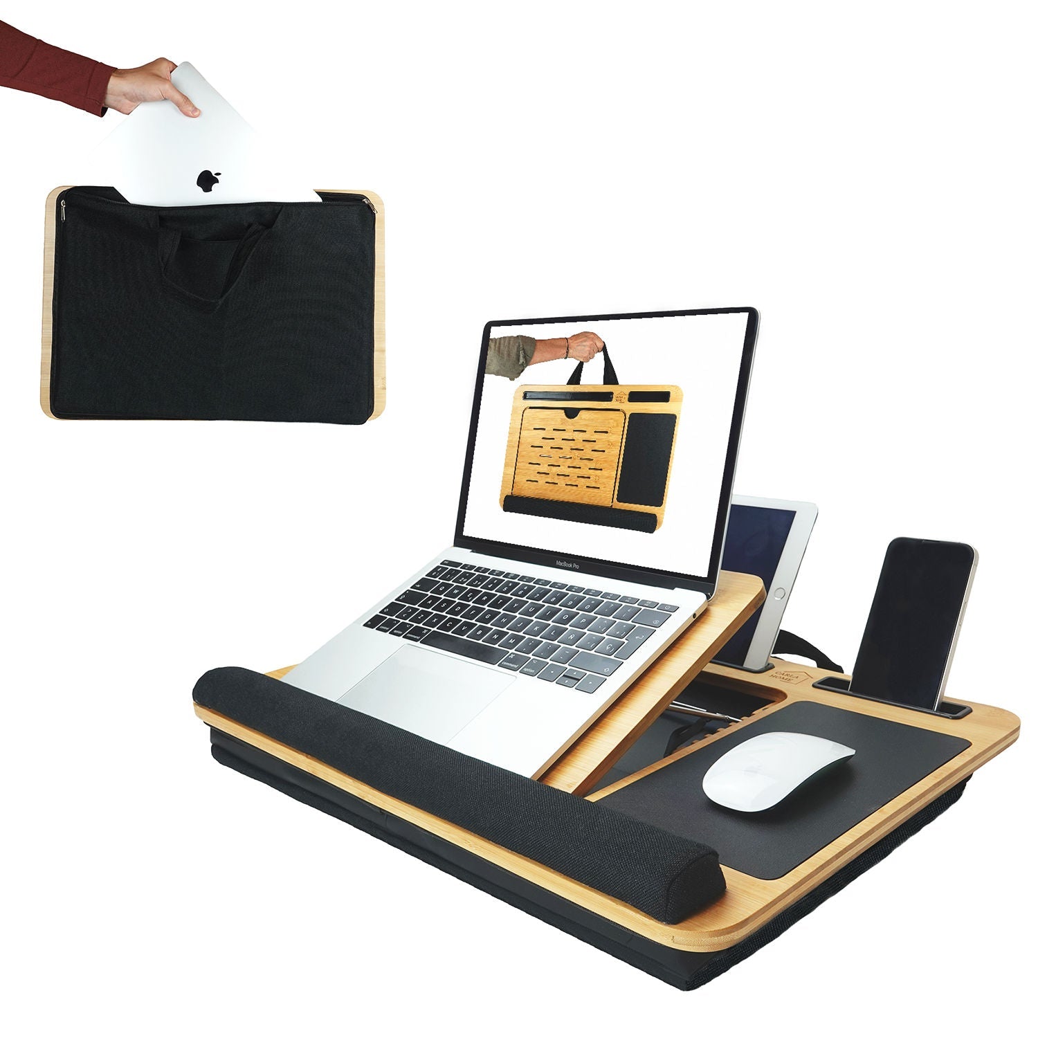 Bamboo Laptop Lap Desk with Cushion, Angle Adjustable and Sleeve Case Bag for Office and Home - Electronics > Computer Accessories > Laptop Stands - Rivercity House & Home Co. (ABN 18 642 972 209) - Affordable Modern Furniture Australia