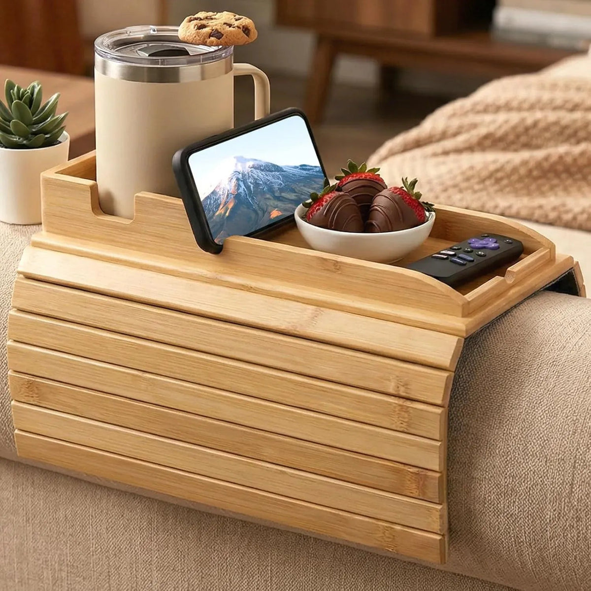 Bamboo Sofa Armrest Tray Table with Non-Slip Base - Natural - Furniture > Sofas > Sofa Accessories - Rivercity House & Home Co. (ABN 18 642 972 209) - Affordable Modern Furniture Australia