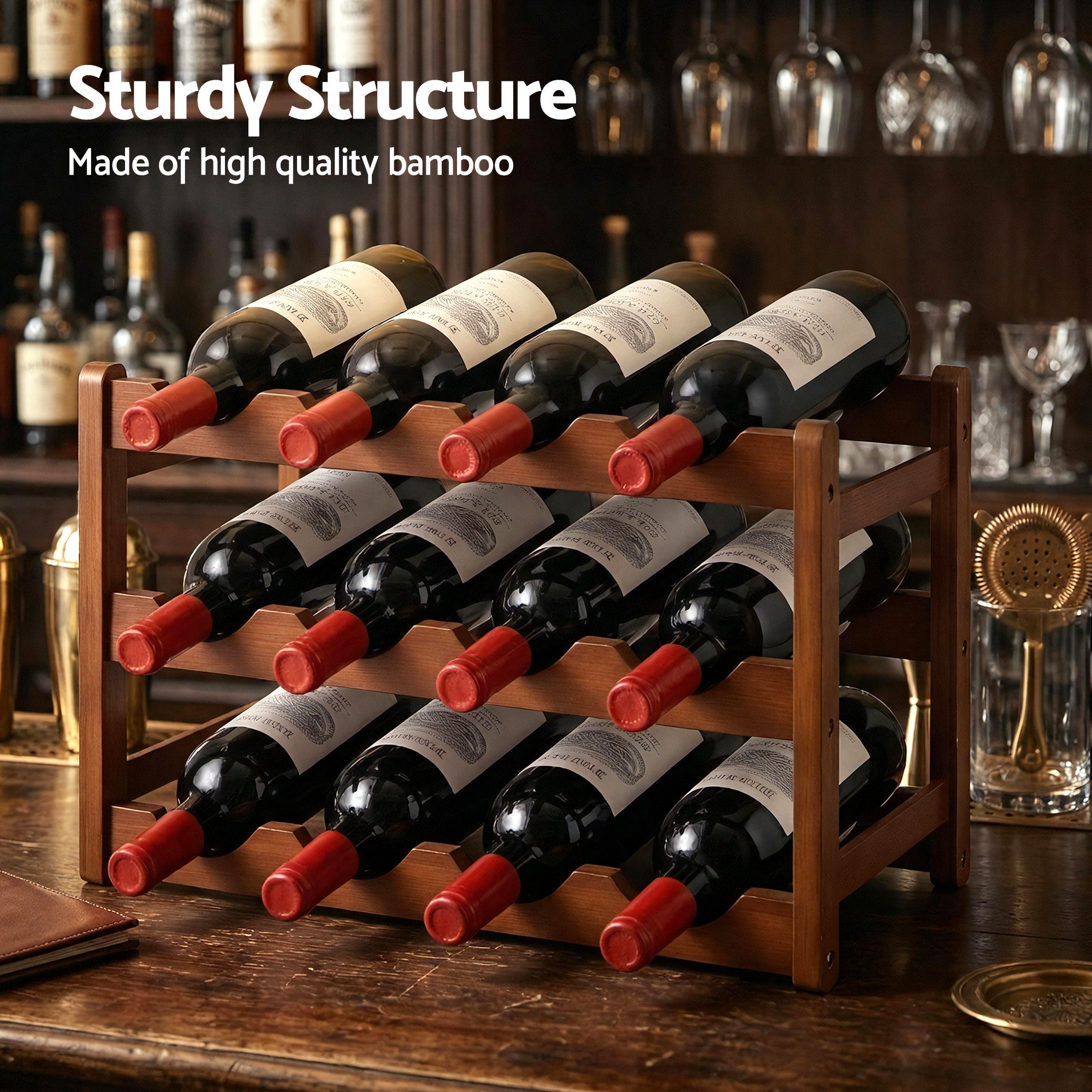 Bamboo Wine Rack 3 - Tier Display Storage Organizer 12 Bottle Walnut - Furniture > Dining > Wine Racks - Rivercity House & Home Co. (ABN 18 642 972 209) - Affordable Modern Furniture Australia