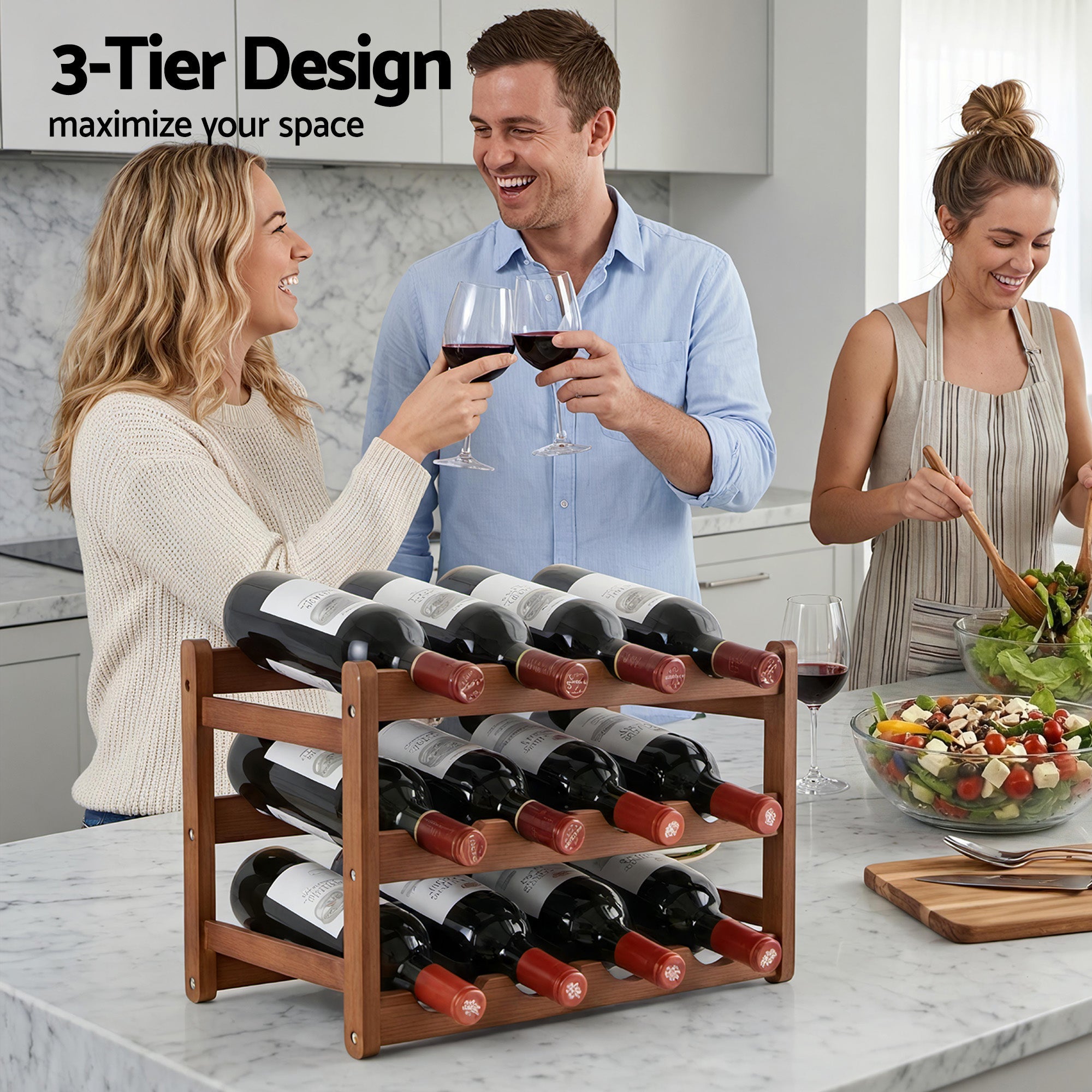 Bamboo Wine Rack 3 - Tier Display Storage Organizer 12 Bottle Walnut - Furniture > Dining > Wine Racks - Rivercity House & Home Co. (ABN 18 642 972 209) - Affordable Modern Furniture Australia