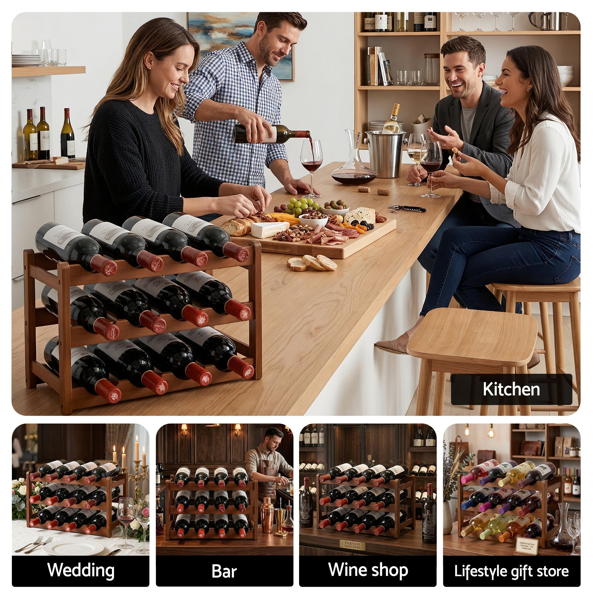 Bamboo Wine Rack 3 - Tier Display Storage Organizer 12 Bottle Walnut - Furniture > Dining > Wine Racks - Rivercity House & Home Co. (ABN 18 642 972 209) - Affordable Modern Furniture Australia