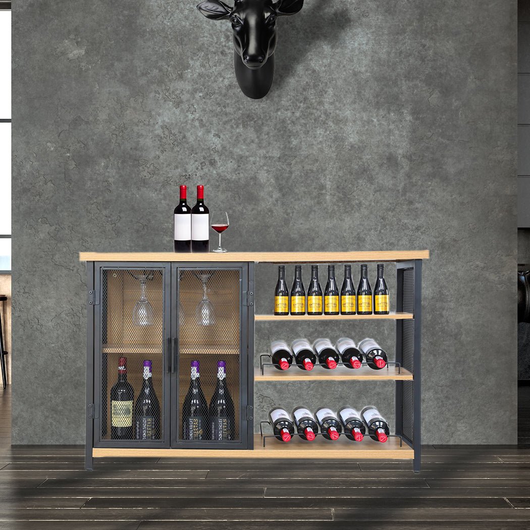 Bar Cabinet Buffet Sideboard with Wine Rack - Oak and Black - Rivercity House & Home Co. (ABN 18 642 972 209) - Affordable Modern Furniture Australia