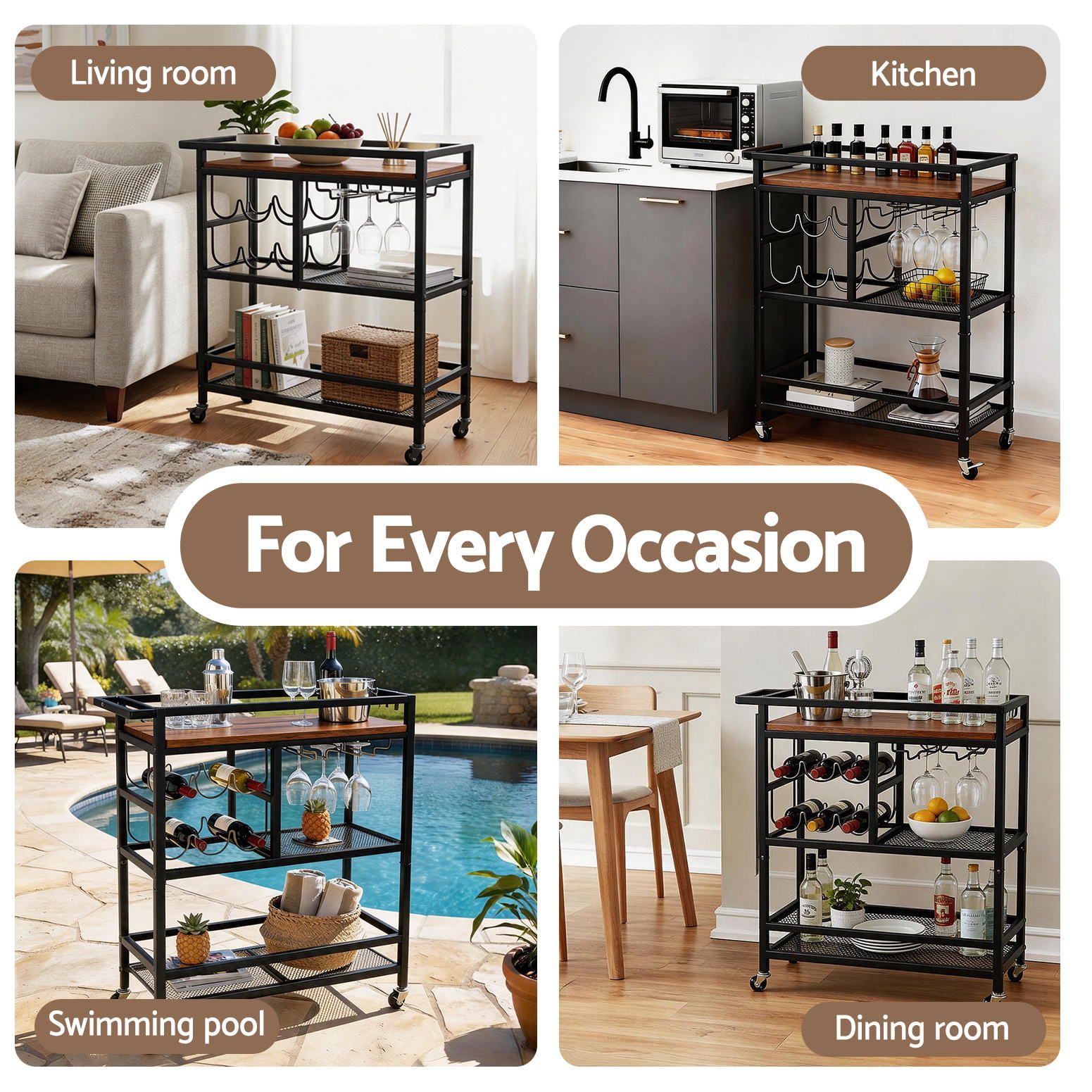 Bar Cart Drinks Trolley Serving Wine Rack Glass Holder 3 Hooks 72cm Black - Furniture > Dining > Kitchen & Dining Trolleys - Rivercity House & Home Co. (ABN 18 642 972 209) - Affordable Modern Furniture Australia