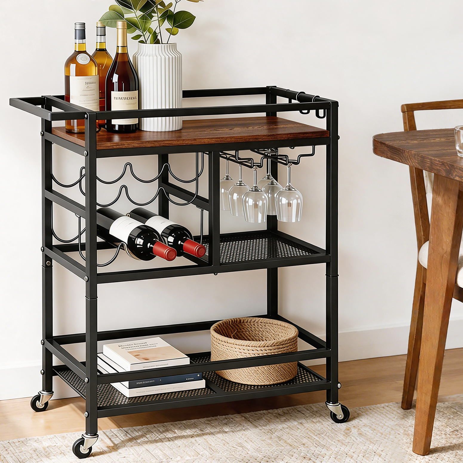 Bar Cart Drinks Trolley Serving Wine Rack Glass Holder 3 Hooks 72cm Black - Furniture > Dining > Kitchen & Dining Trolleys - Rivercity House & Home Co. (ABN 18 642 972 209) - Affordable Modern Furniture Australia