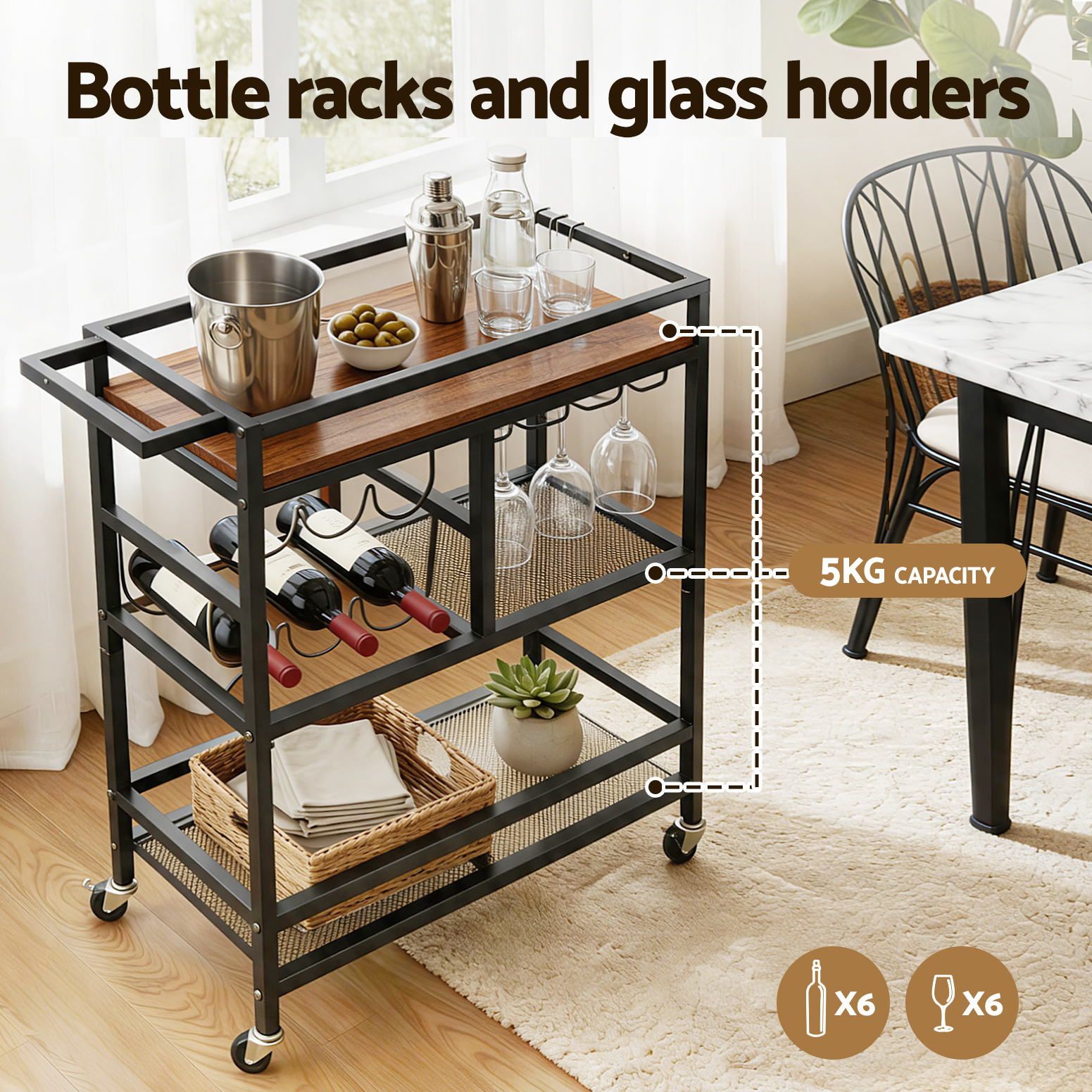 Bar Cart Drinks Trolley Serving Wine Rack Glass Holder 3 Hooks 72cm Black - Furniture > Dining > Kitchen & Dining Trolleys - Rivercity House & Home Co. (ABN 18 642 972 209) - Affordable Modern Furniture Australia