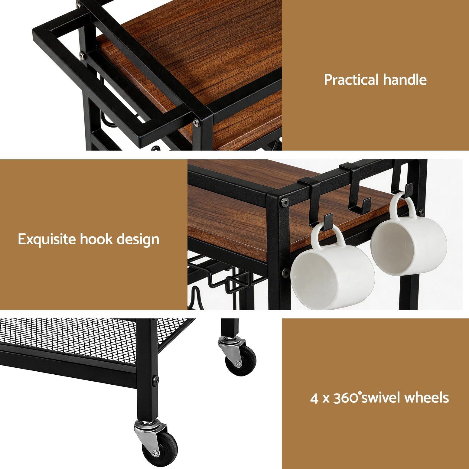 Bar Cart Drinks Trolley Serving Wine Rack Glass Holder 3 Hooks 72cm Black - Furniture > Dining > Kitchen & Dining Trolleys - Rivercity House & Home Co. (ABN 18 642 972 209) - Affordable Modern Furniture Australia