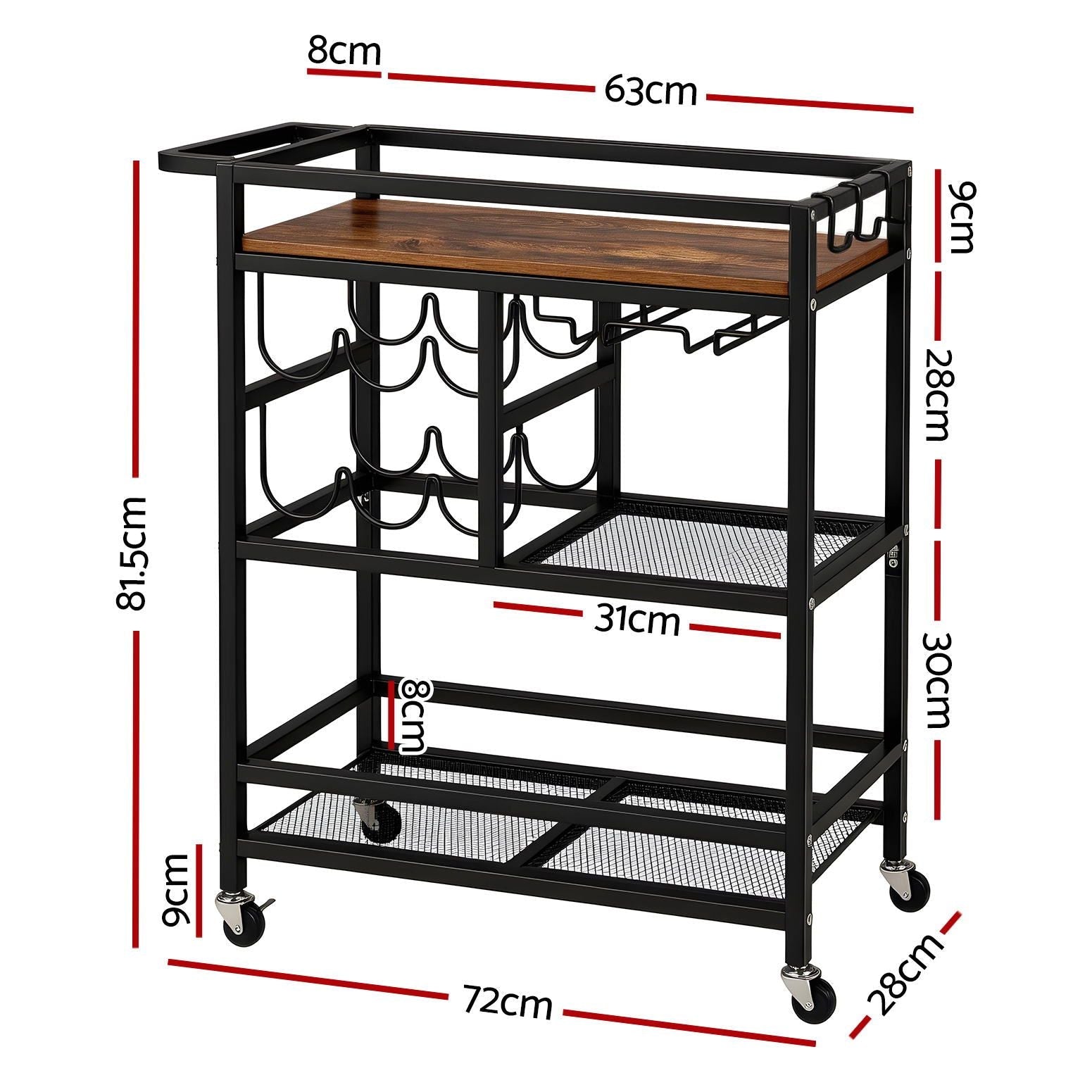 Bar Cart Drinks Trolley Serving Wine Rack Glass Holder 3 Hooks 72cm Black - Furniture > Dining > Kitchen & Dining Trolleys - Rivercity House & Home Co. (ABN 18 642 972 209) - Affordable Modern Furniture Australia