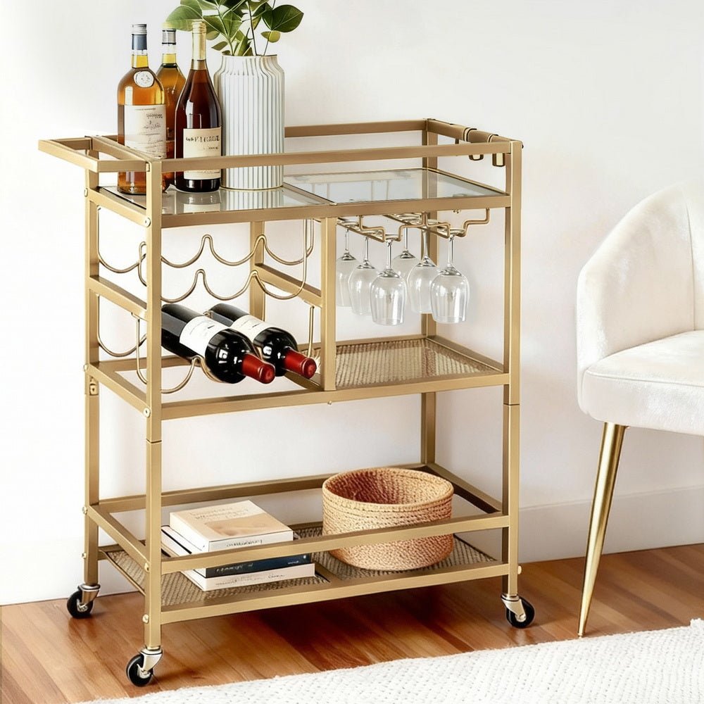 Bar Cart Drinks Trolley Serving Wine Rack Glass Holder 3 Hooks 72cm Gold - Furniture > Dining > Kitchen & Dining Trolleys - Rivercity House & Home Co. (ABN 18 642 972 209) - Affordable Modern Furniture Australia
