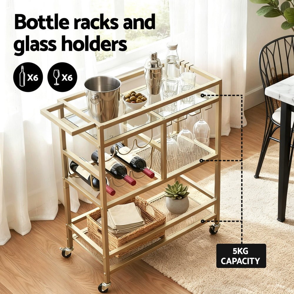 Bar Cart Drinks Trolley Serving Wine Rack Glass Holder 3 Hooks 72cm Gold - Furniture > Dining > Kitchen & Dining Trolleys - Rivercity House & Home Co. (ABN 18 642 972 209) - Affordable Modern Furniture Australia